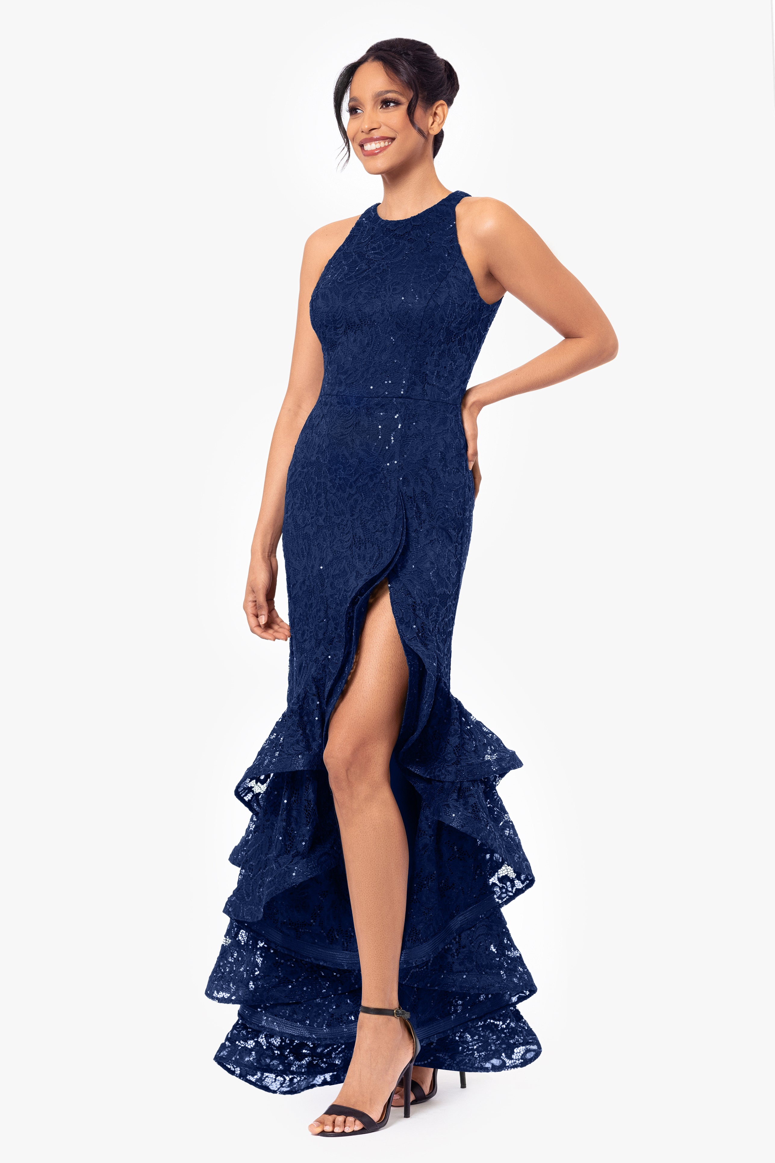 "Laurel" Sequin Lace Ruffle Slit Gown