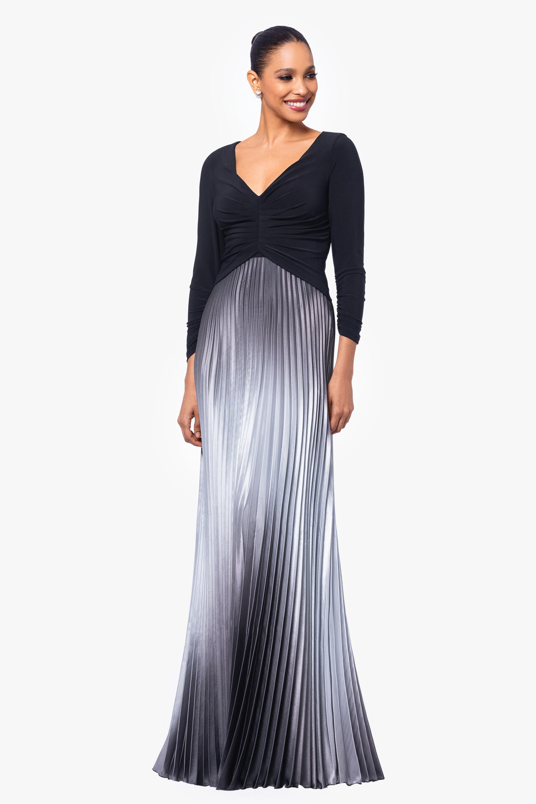 "Katia" Long 3/4 Sleeve Pleated Ombre Skirt Dress