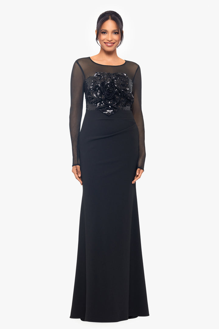 "Gabriela" Long Sleeve Mesh and Sequin Top and Floor Length Scuba Crepe Skirt Dress