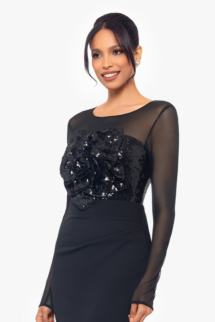 "Gabriela" Long Sleeve Mesh and Sequin Top and Floor Length Scuba Crepe Skirt Dress