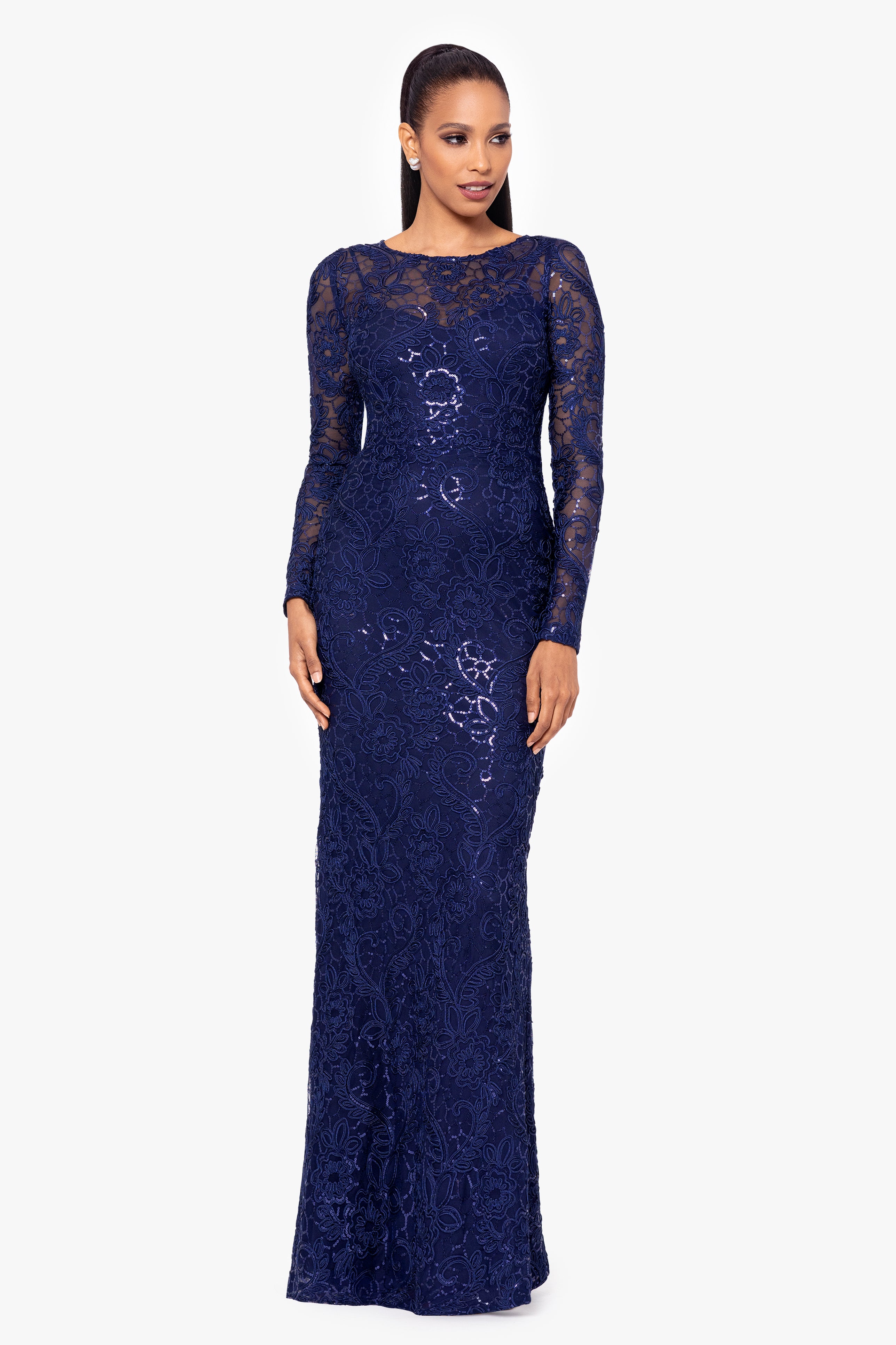 "Cecelia" Long Sleeve Sequin Soutache Lace Floor Length Dress