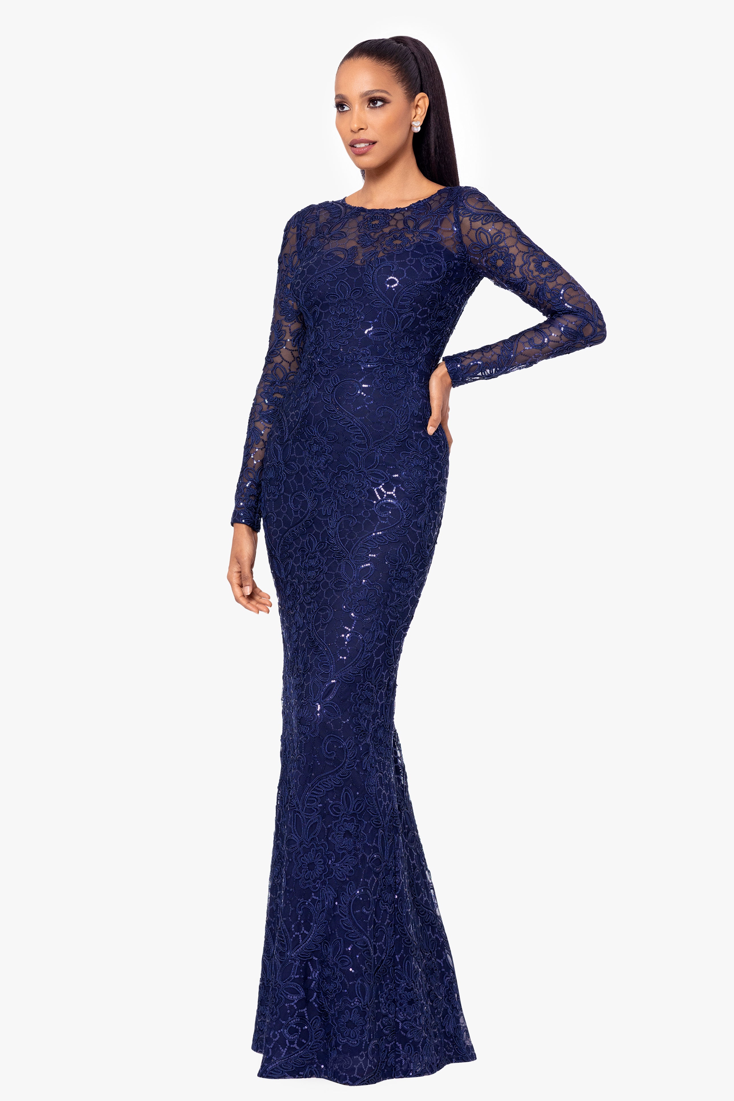 "Cecelia" Long Sleeve Sequin Soutache Lace Floor Length Dress