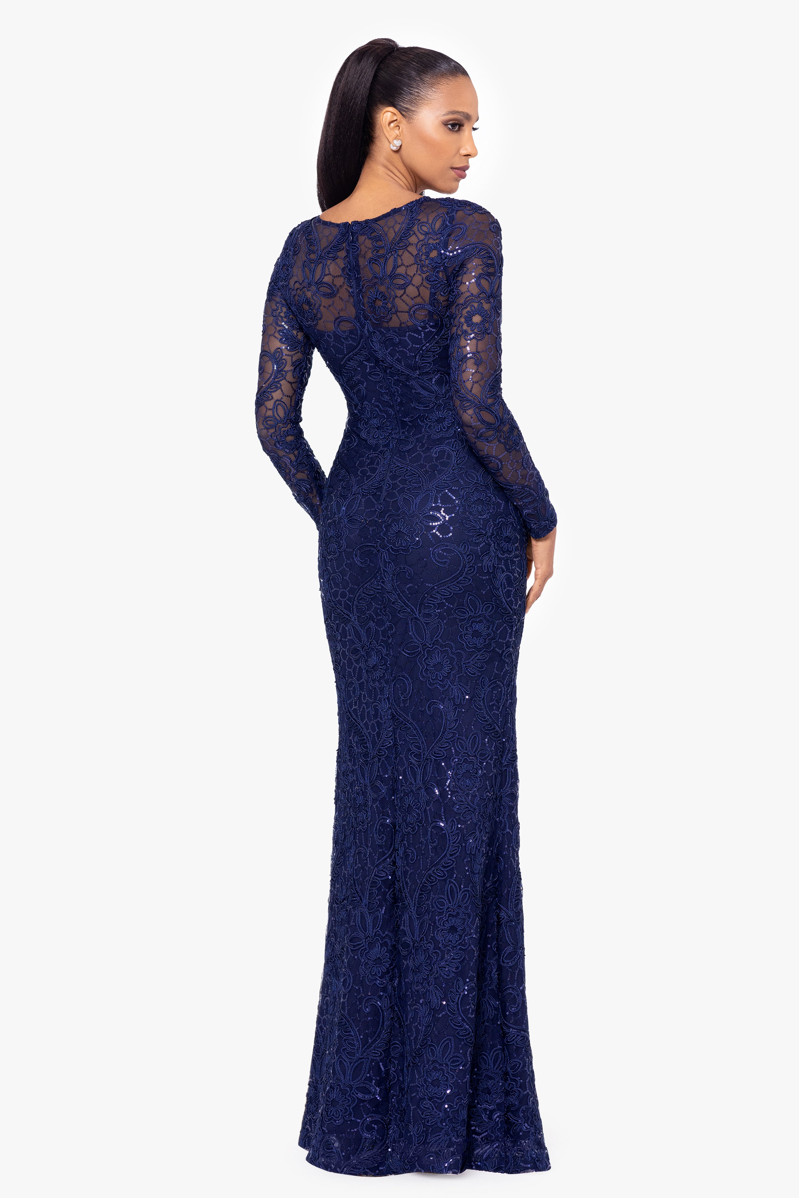 "Cecelia" Long Sleeve Sequin Soutache Lace Floor Length Dress