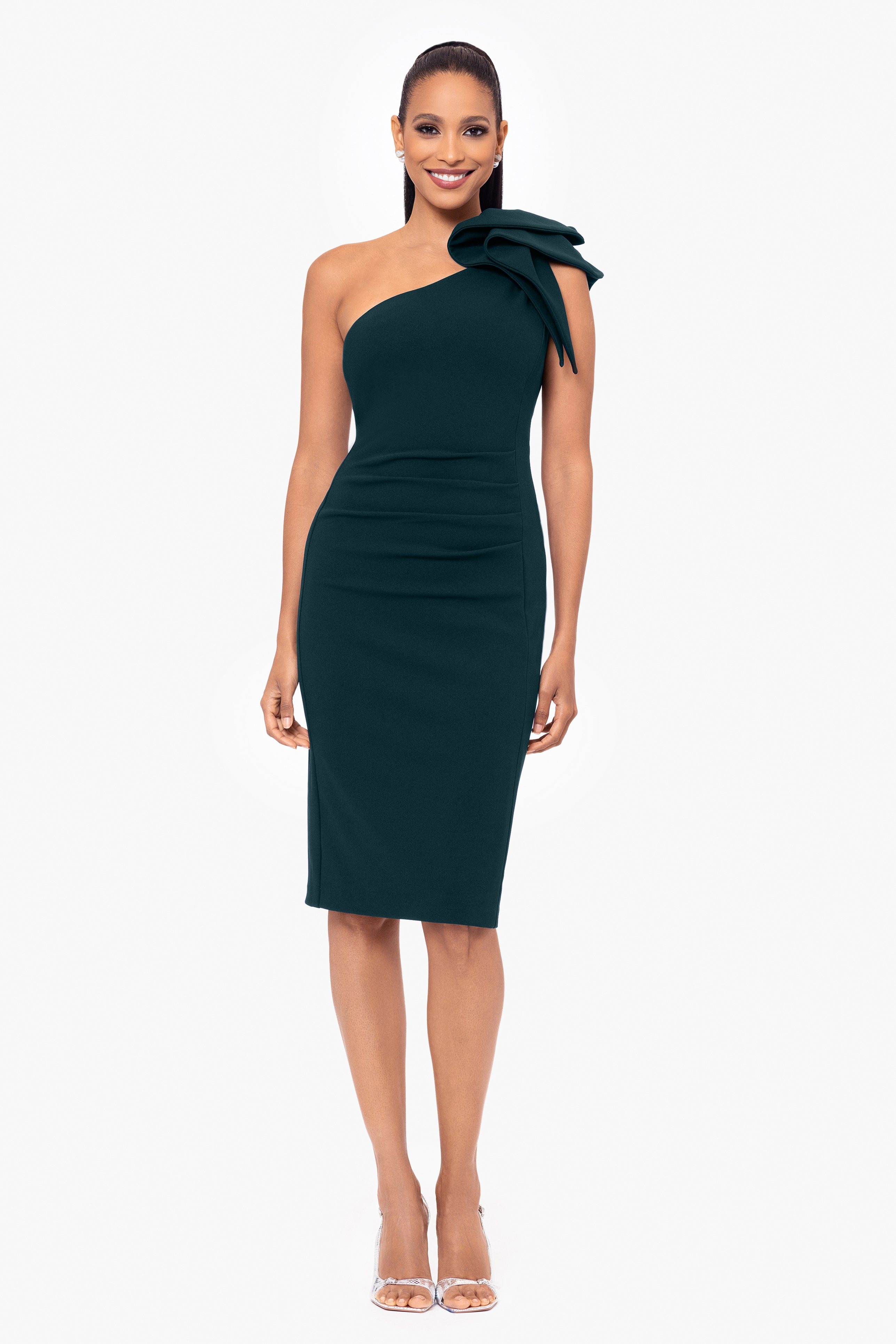 "Sheila" Knee Length Scuba Crepe One Shoulder Ruffle Dress