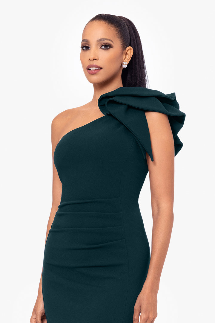 "Sheila" Knee Length Scuba Crepe One Shoulder Ruffle Dress