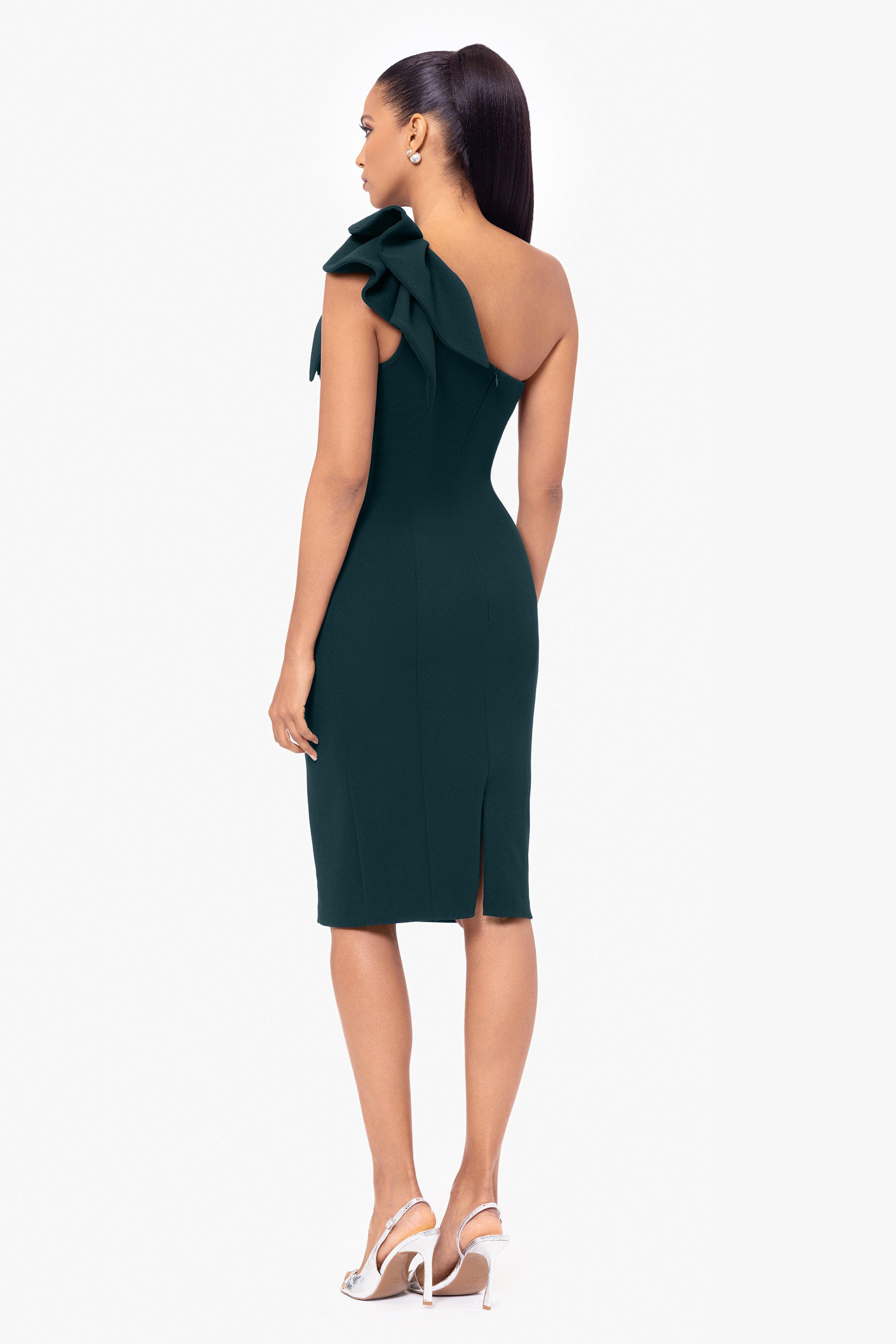 "Sheila" Knee Length Scuba Crepe One Shoulder Ruffle Dress