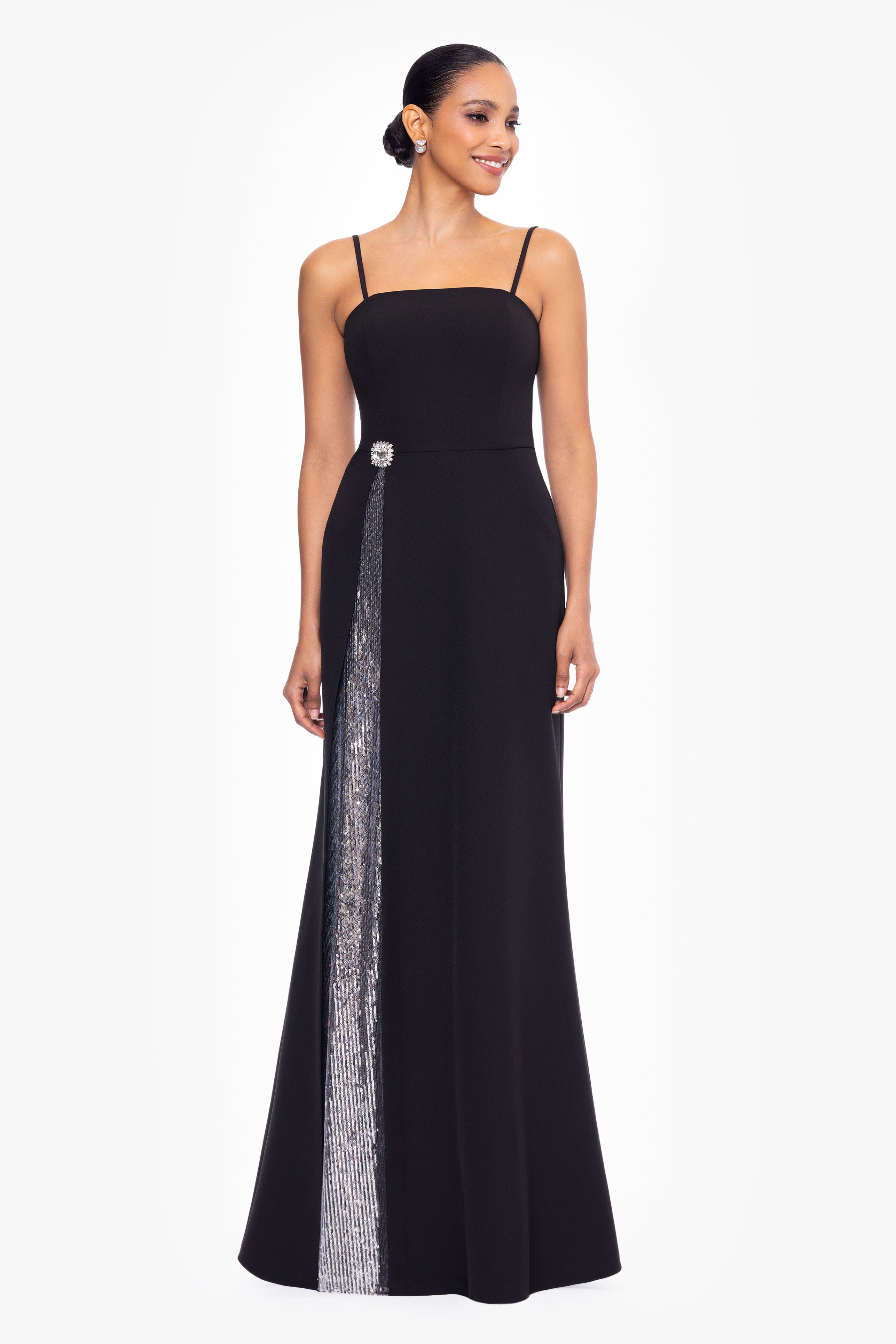 "Alexandria" Long Heavy Crepe and Sequin Floor Length Dress