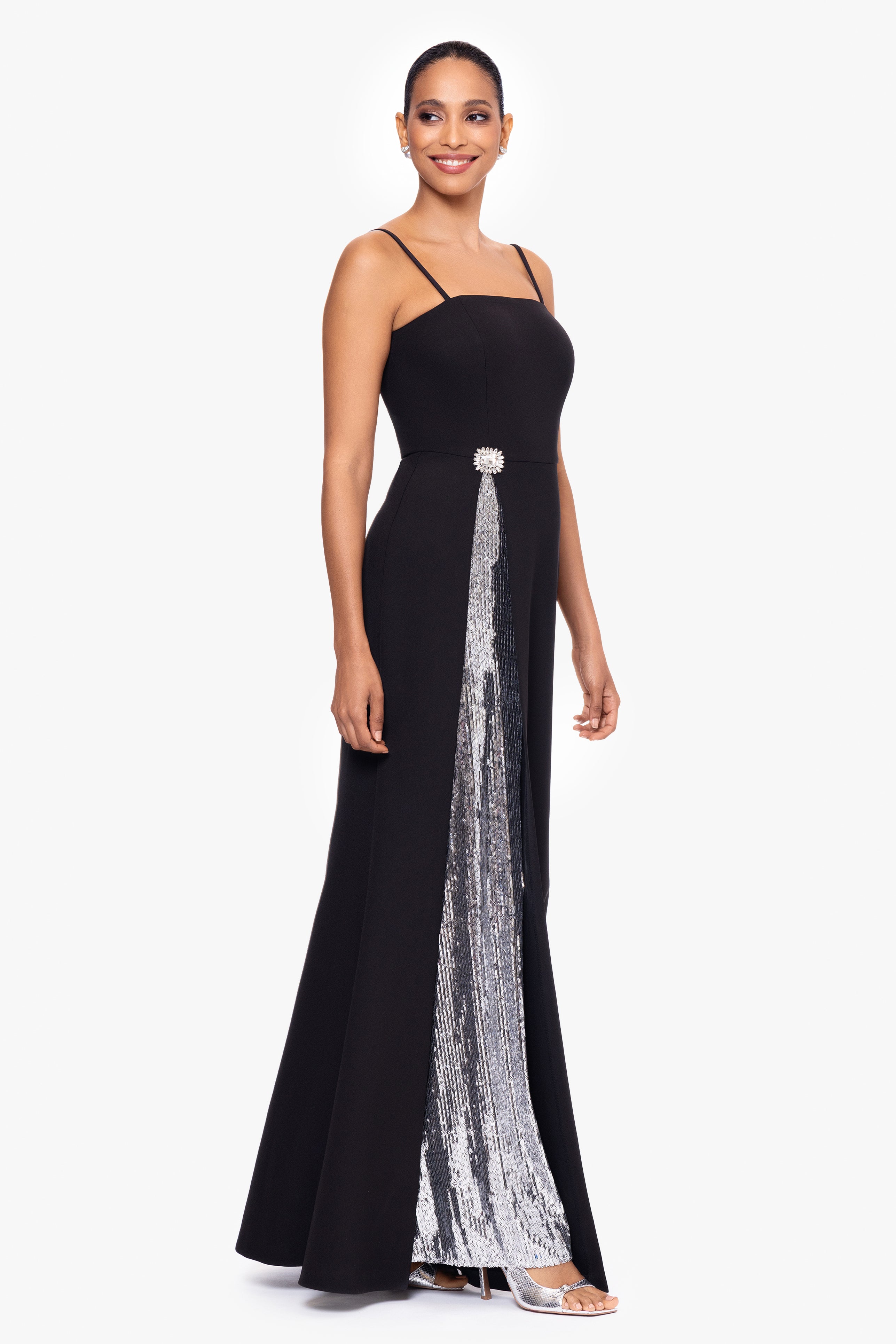 "Alexandria" Long Heavy Crepe and Sequin Floor Length Dress