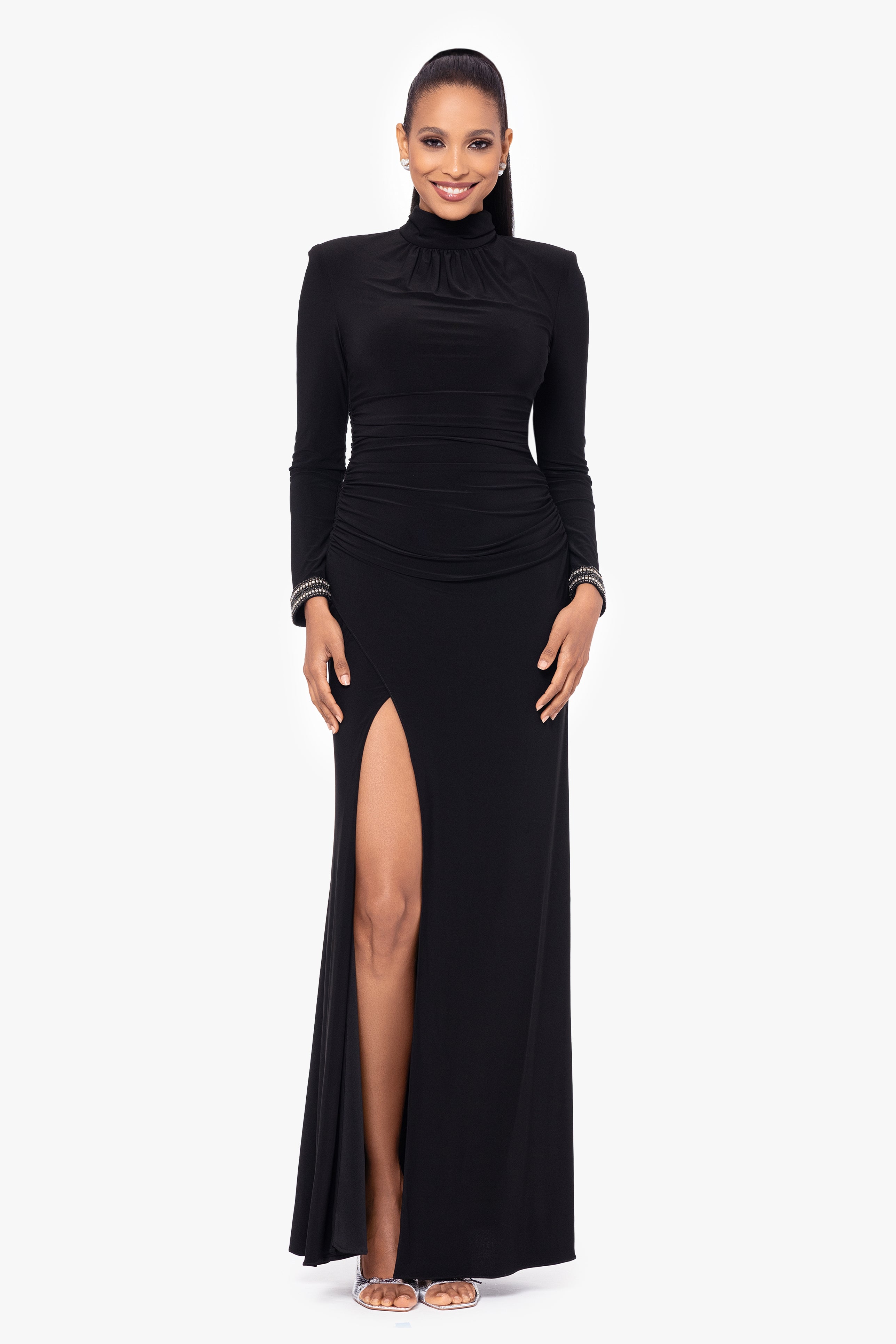 "Roxie" Long Jersey Knit Mock Neck Embellished Wrist Floor Length Dress