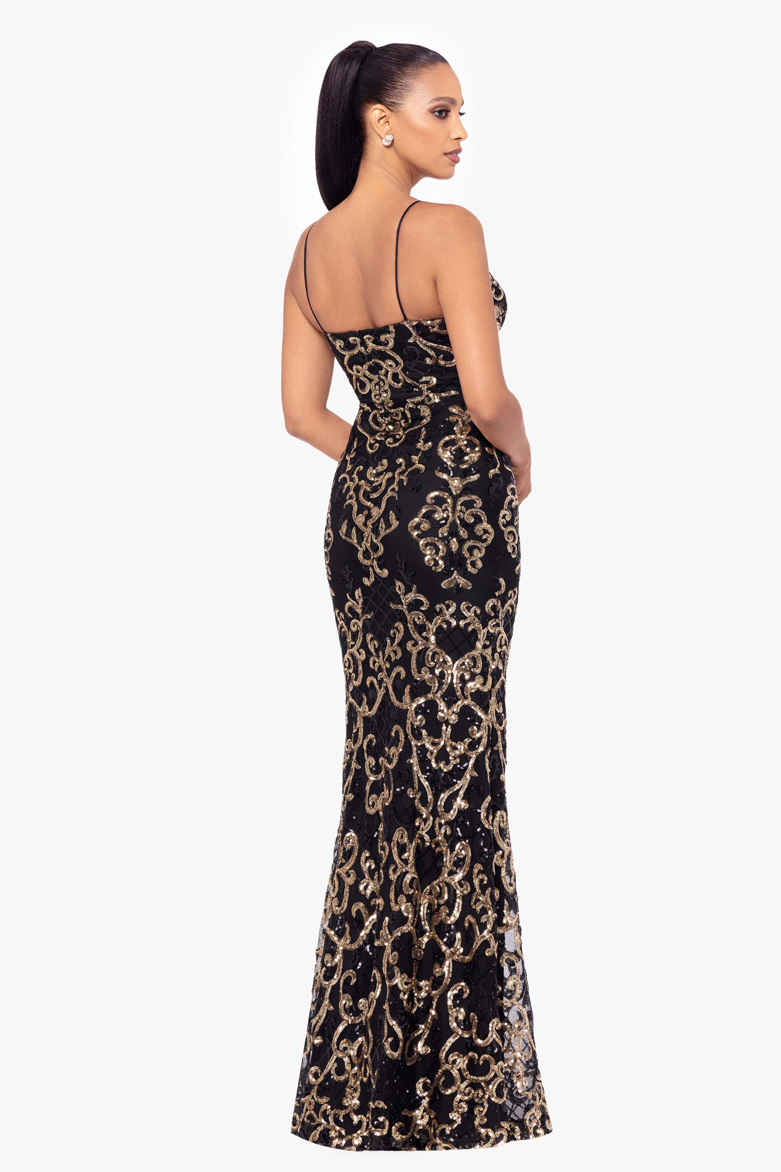 "Jolene" Long Sequin Placement Spaghetti Strap Floor Length Dress