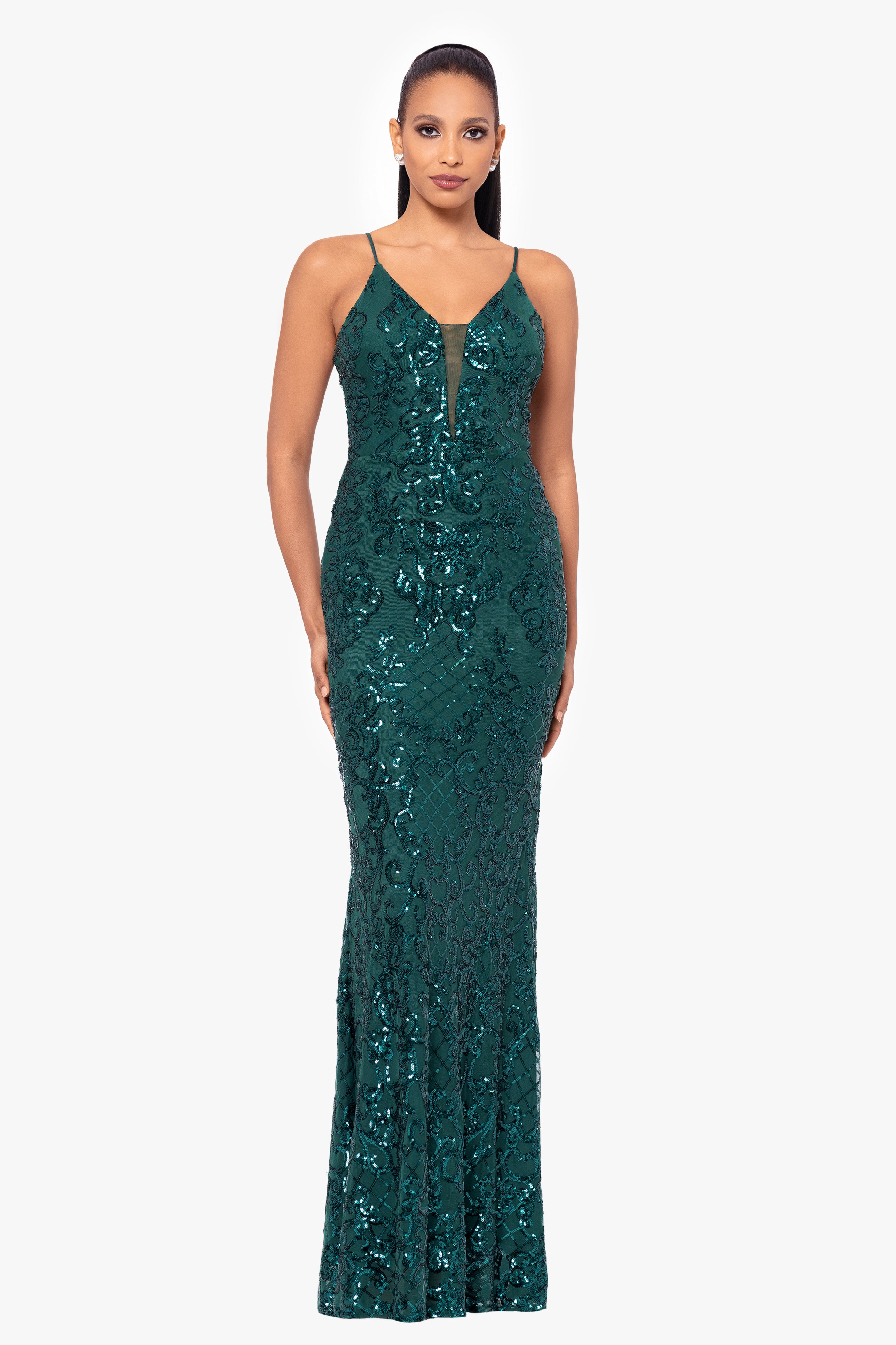 Petite "Jolene" Long Sequin Placement Spaghetti Strap Floor Length Dress