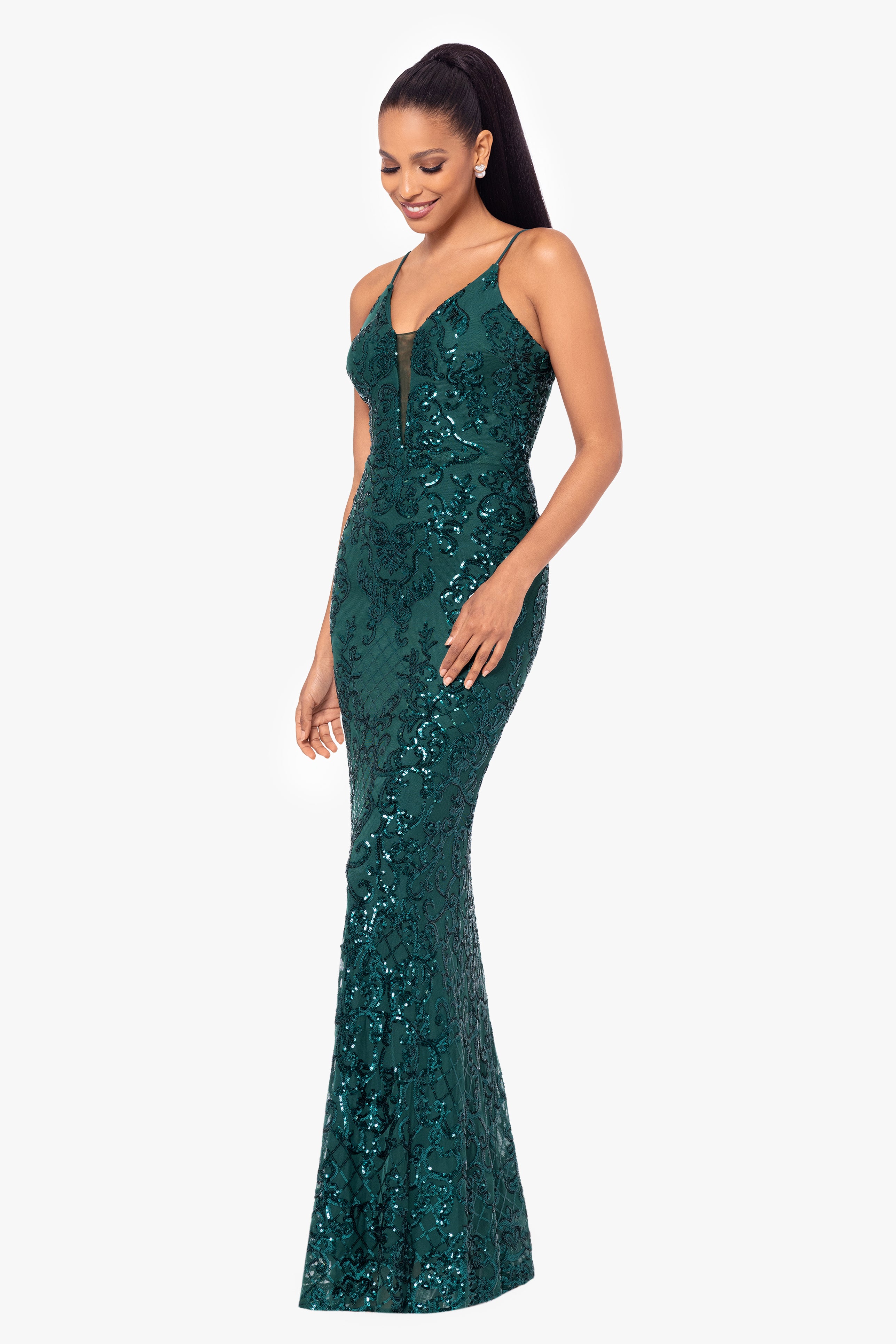 Petite "Jolene" Long Sequin Placement Spaghetti Strap Floor Length Dress