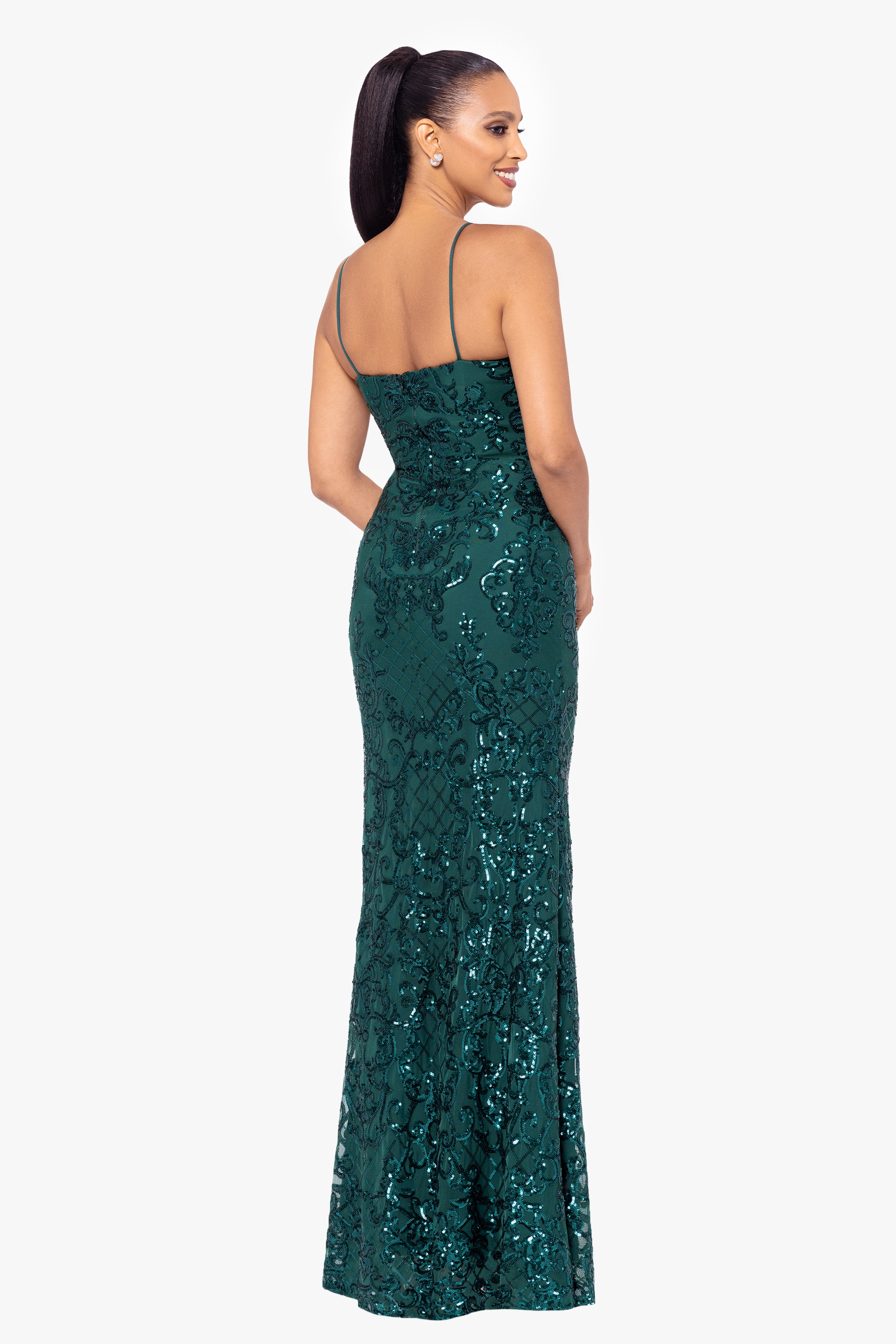 Petite "Jolene" Long Sequin Placement Spaghetti Strap Floor Length Dress