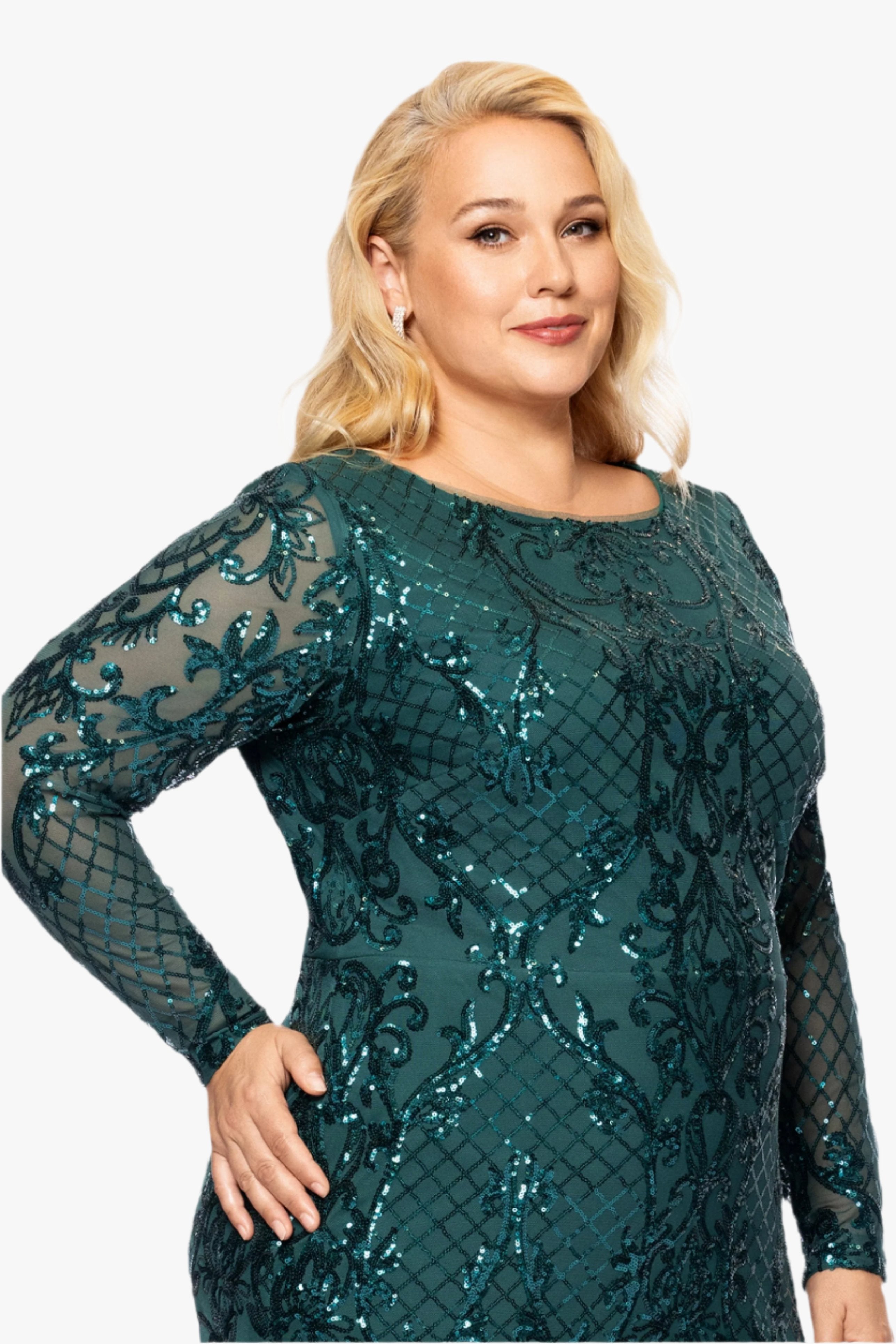 Plus "Nara" Long Sleeve Sequin Placement Gown