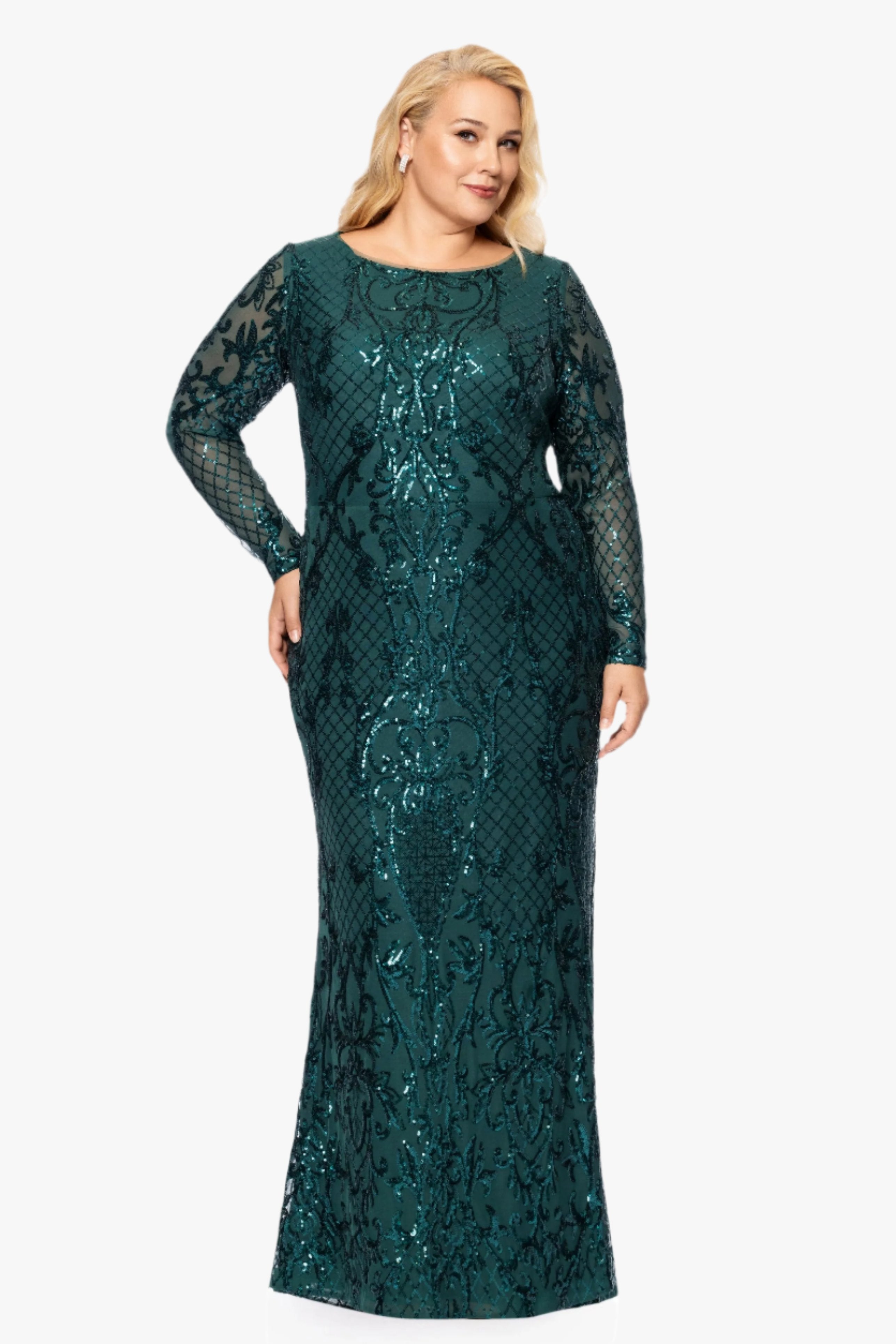 Plus "Nara" Long Sleeve Sequin Placement Gown