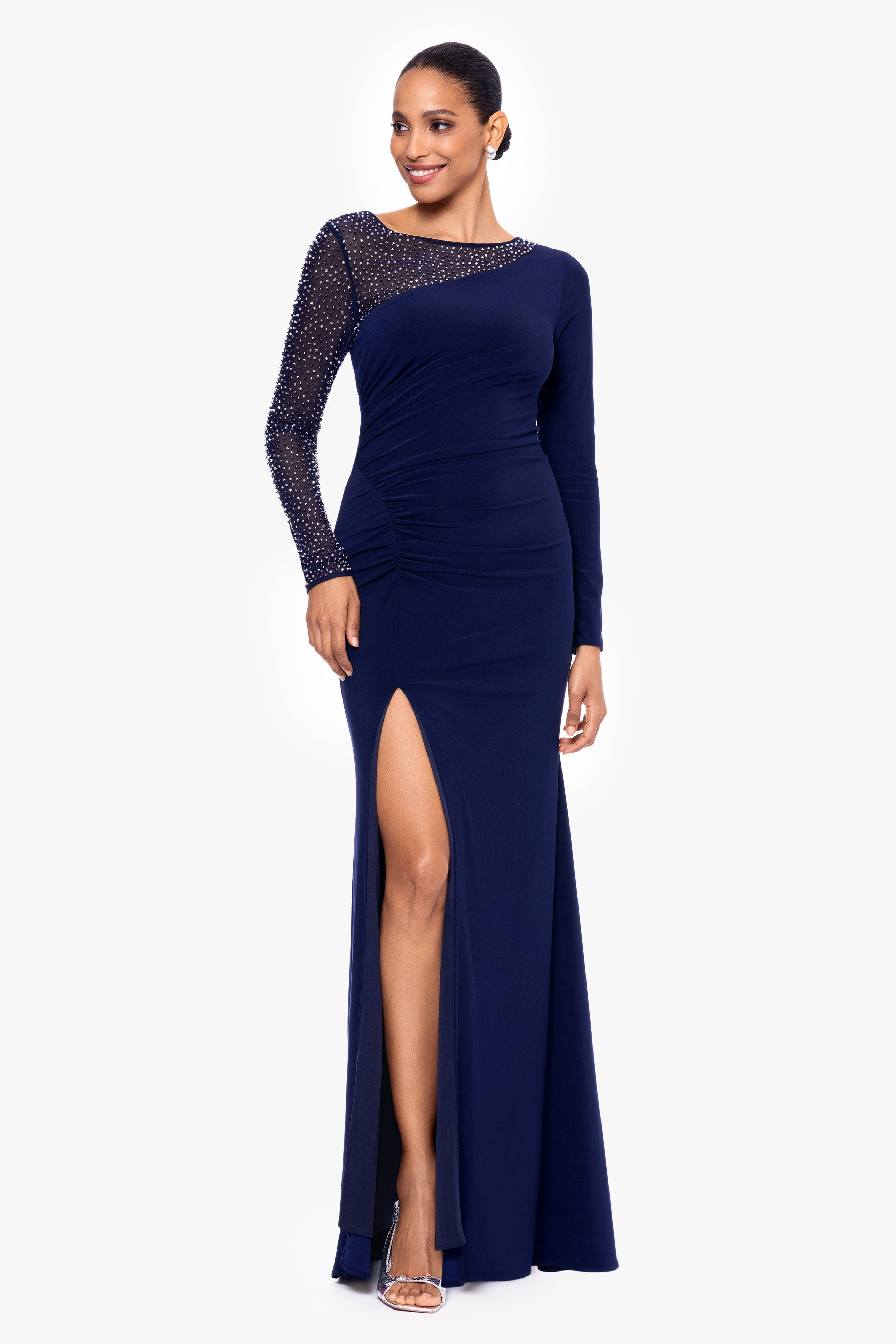 "Rhea" Long Jersey Knit Long Sleeve Beaded Floor Length Dress