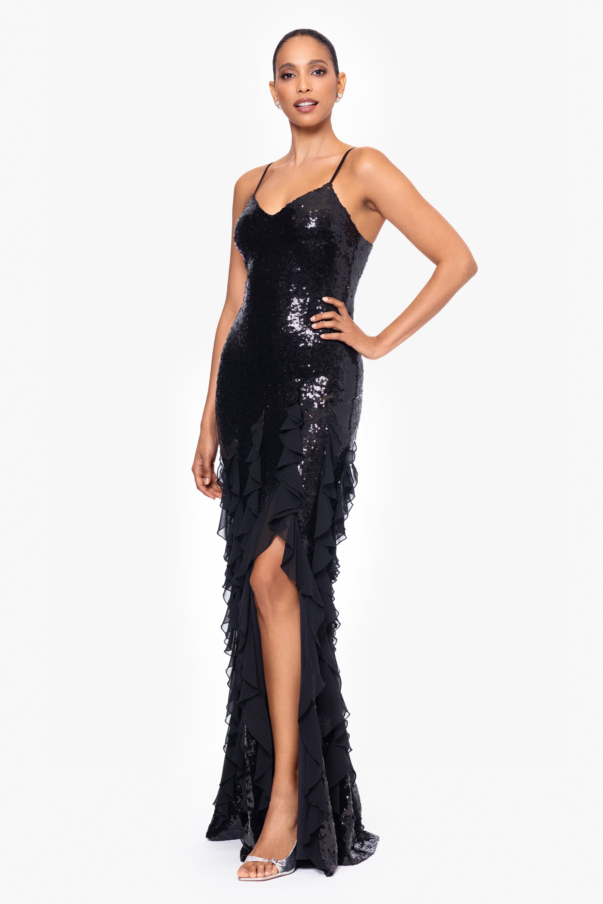 "Milan" Long Sequin Spaghetti with Chiffon Ruffles