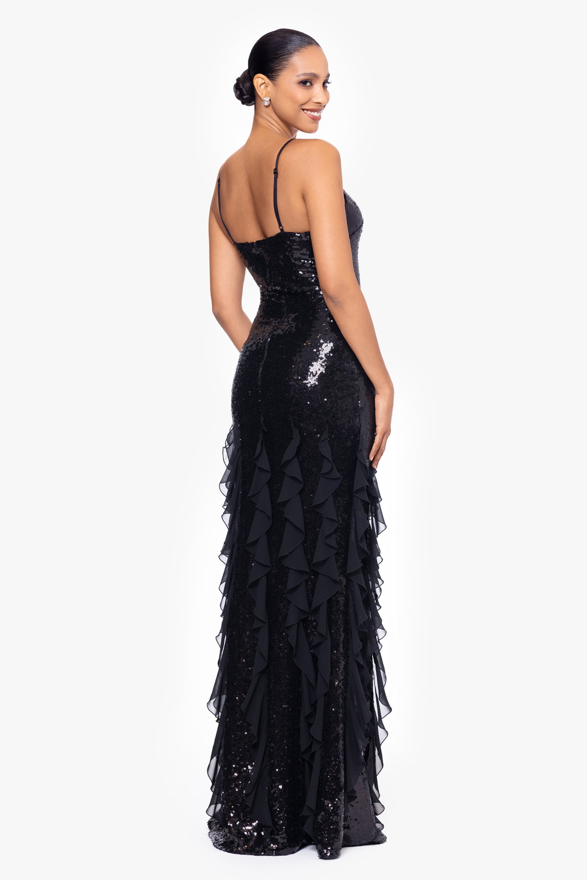 "Milan" Long Sequin Spaghetti with Chiffon Ruffles