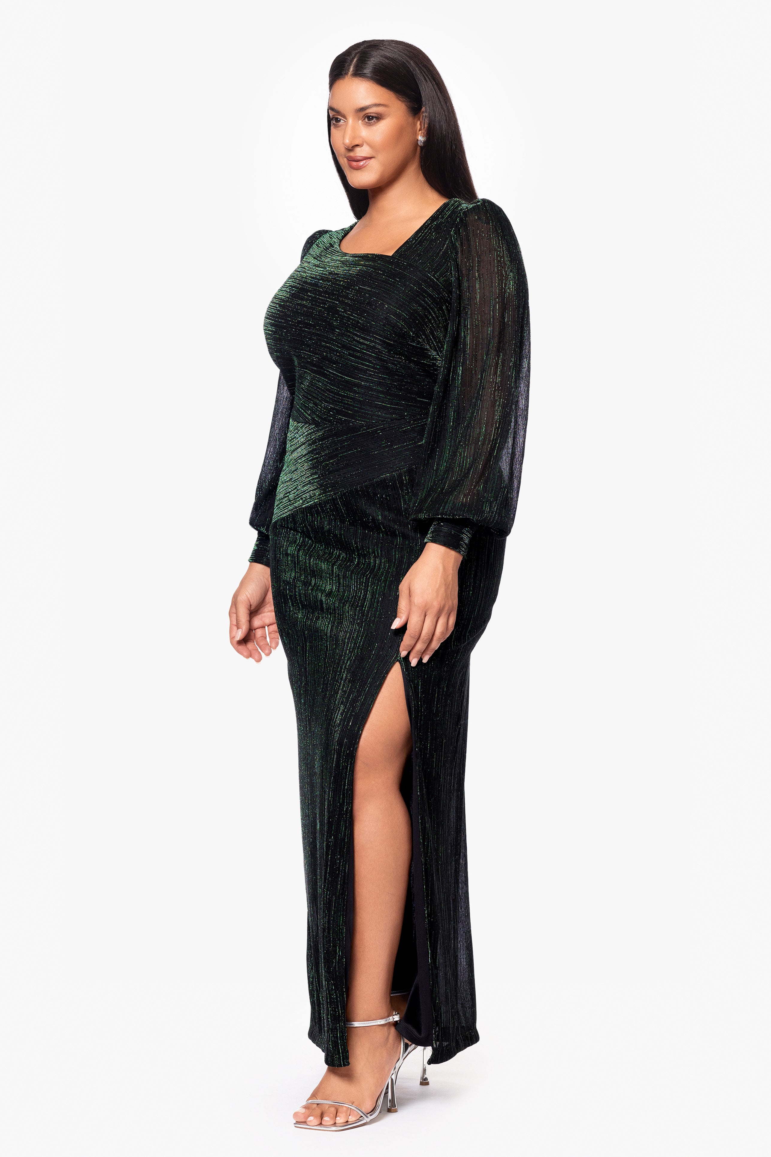 Plus "Siobhan" Long Metallic Long Sleeve Asymmetrical Neckline Dress