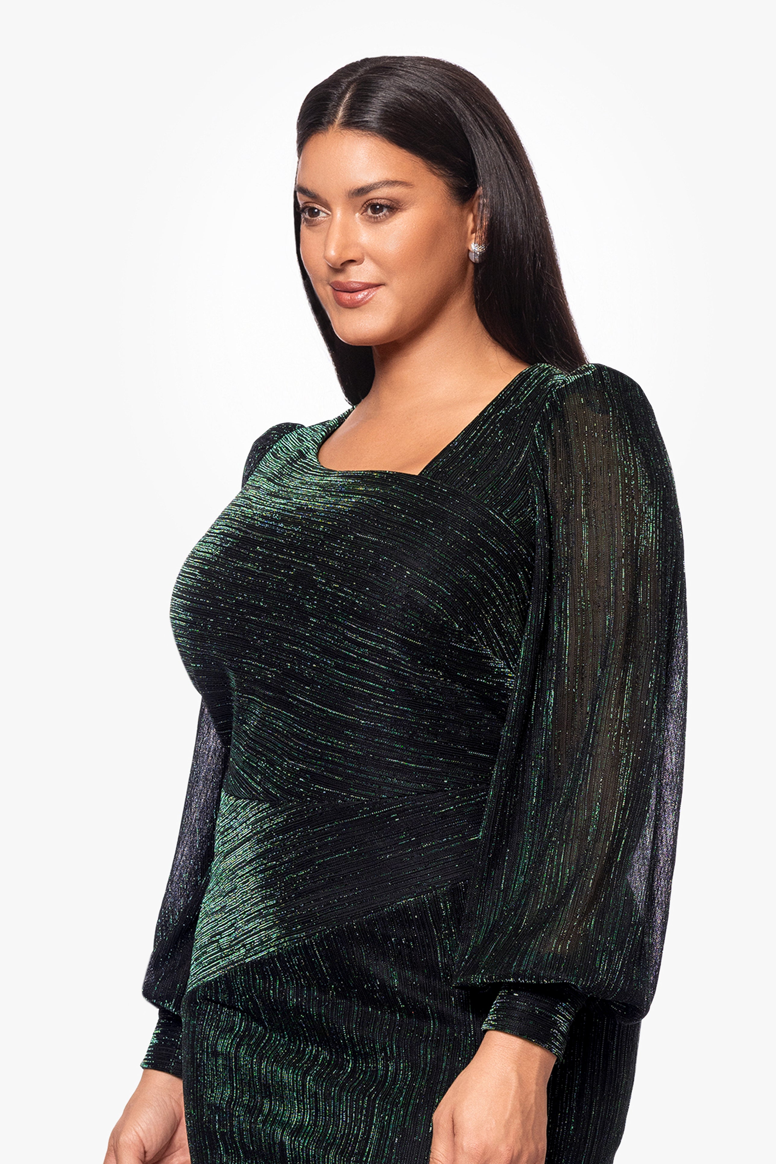 Plus "Siobhan" Long Metallic Long Sleeve Asymmetrical Neckline Dress