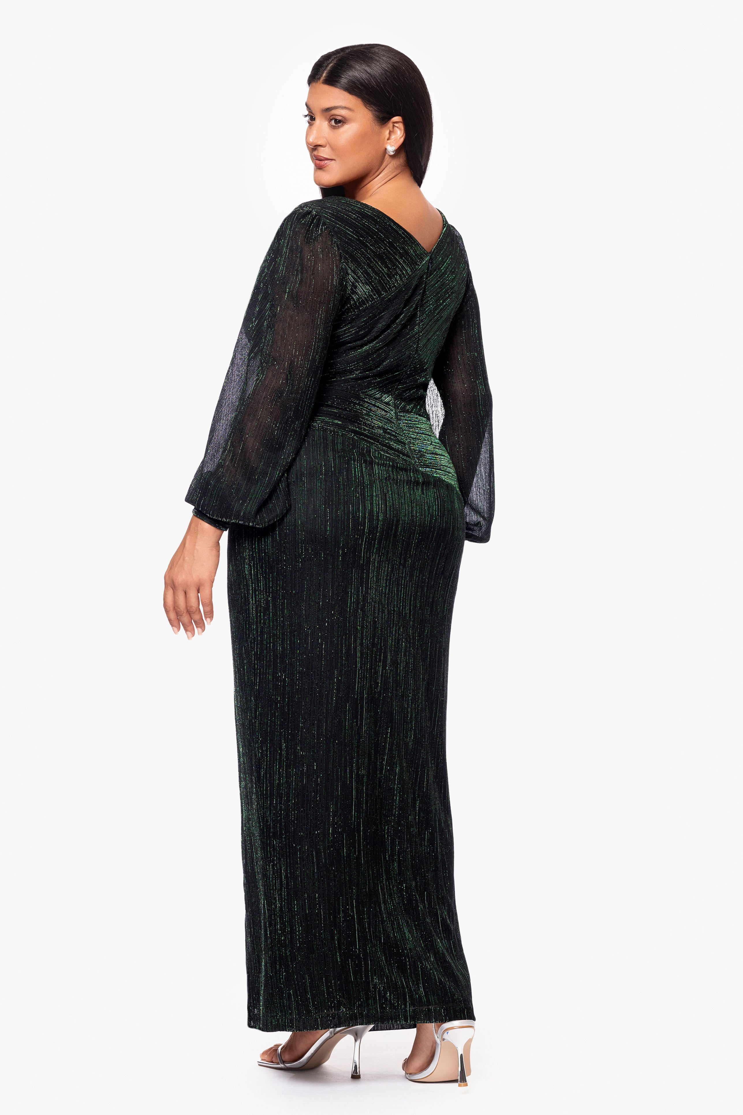 Plus "Siobhan" Long Metallic Long Sleeve Asymmetrical Neckline Dress