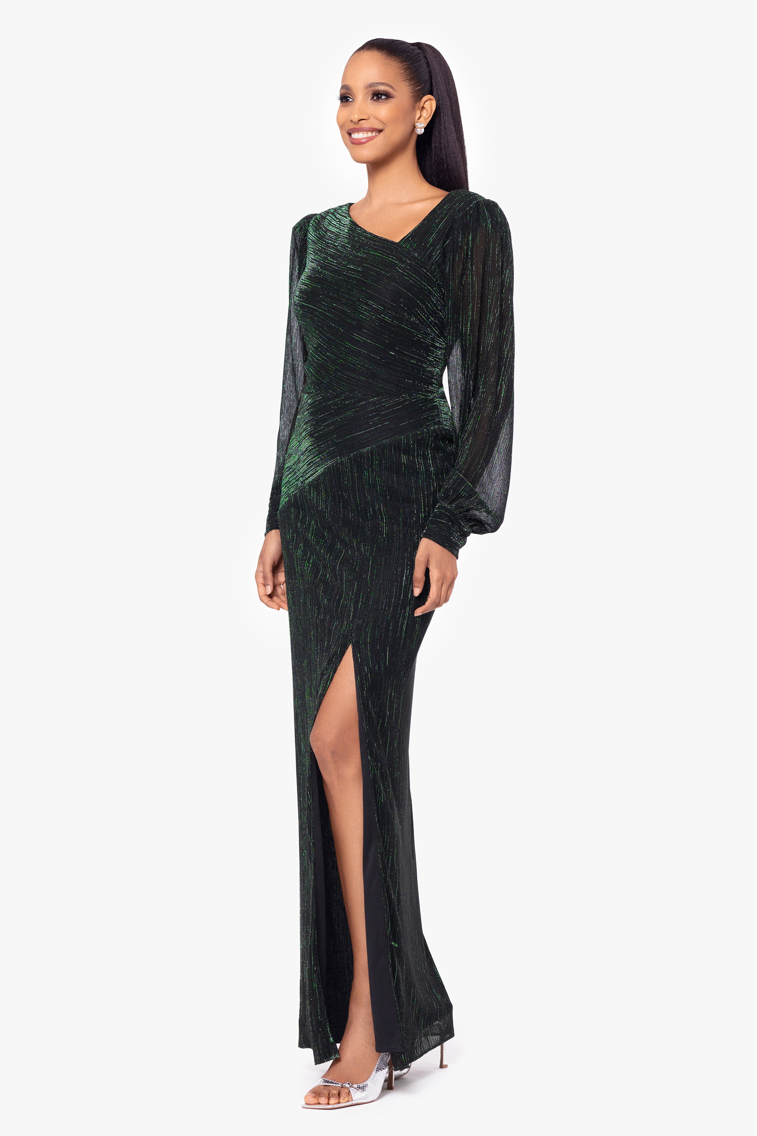 "Siobhan" Long Metallic Long Sleeve Asymmetrical Neckline Dress