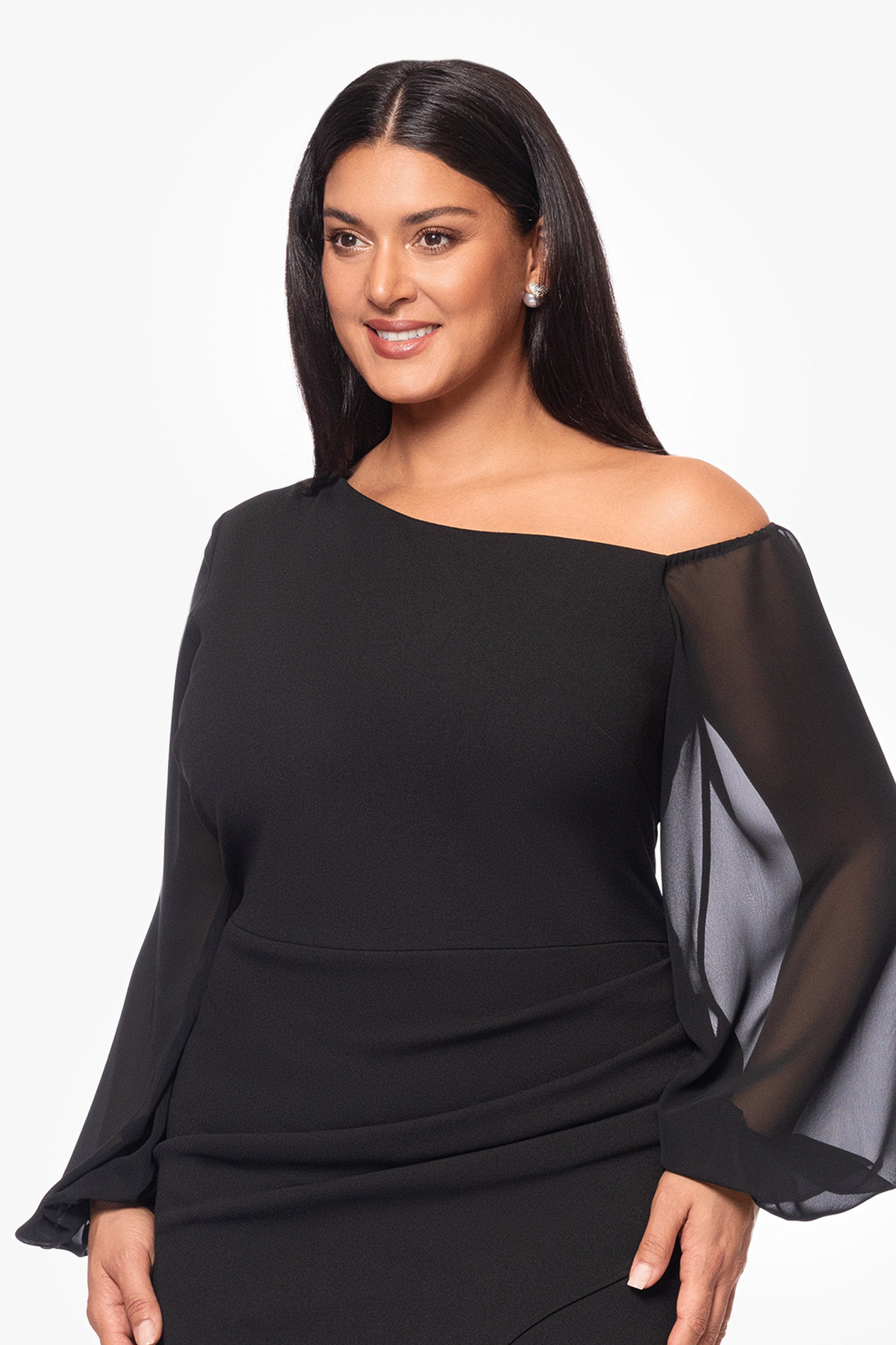 Plus "Donna" Long Off the Shoulder Illusion Sleeve Dress