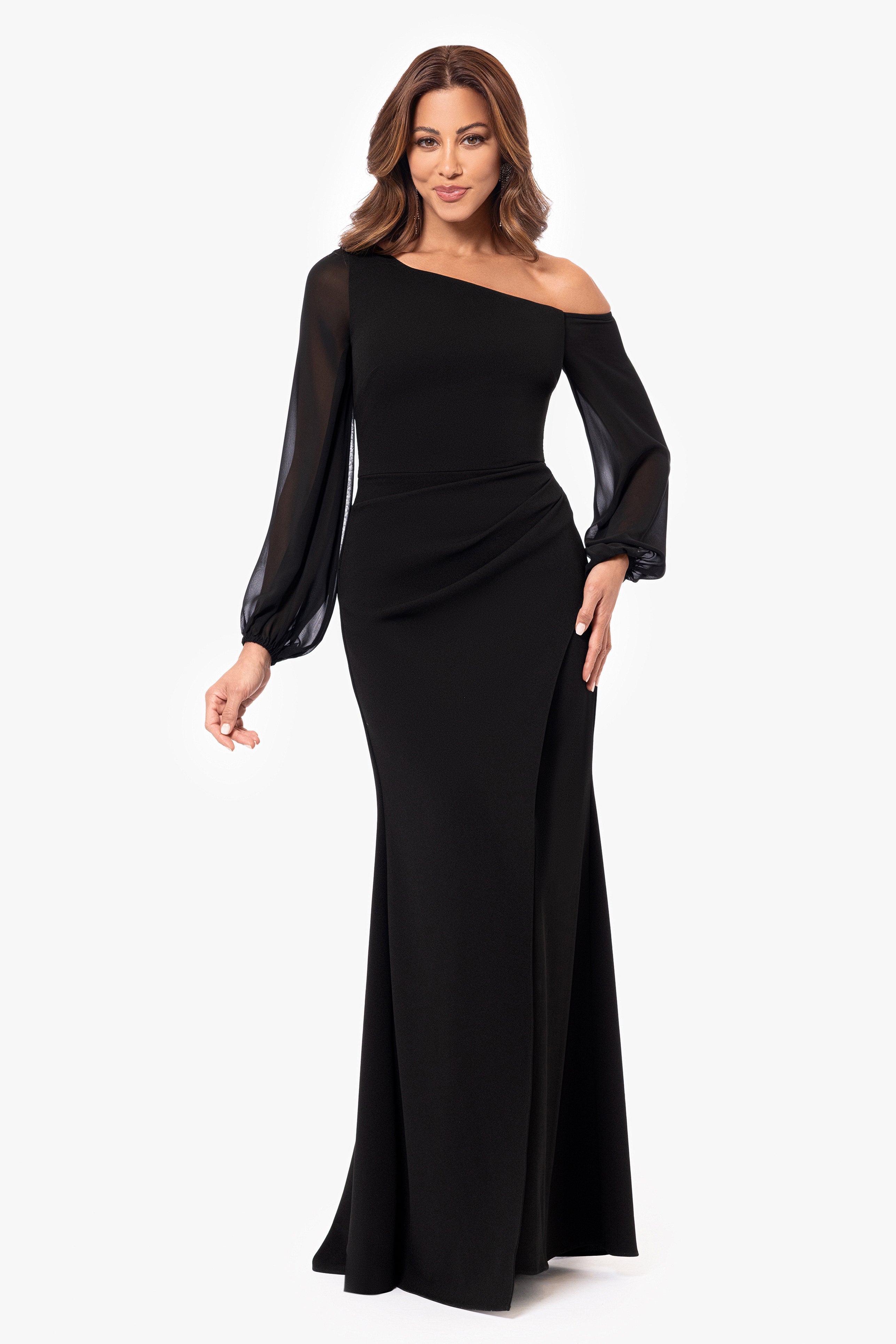 Petite "Donna" Long Off the Shoulder Illusion Sleeve Dress