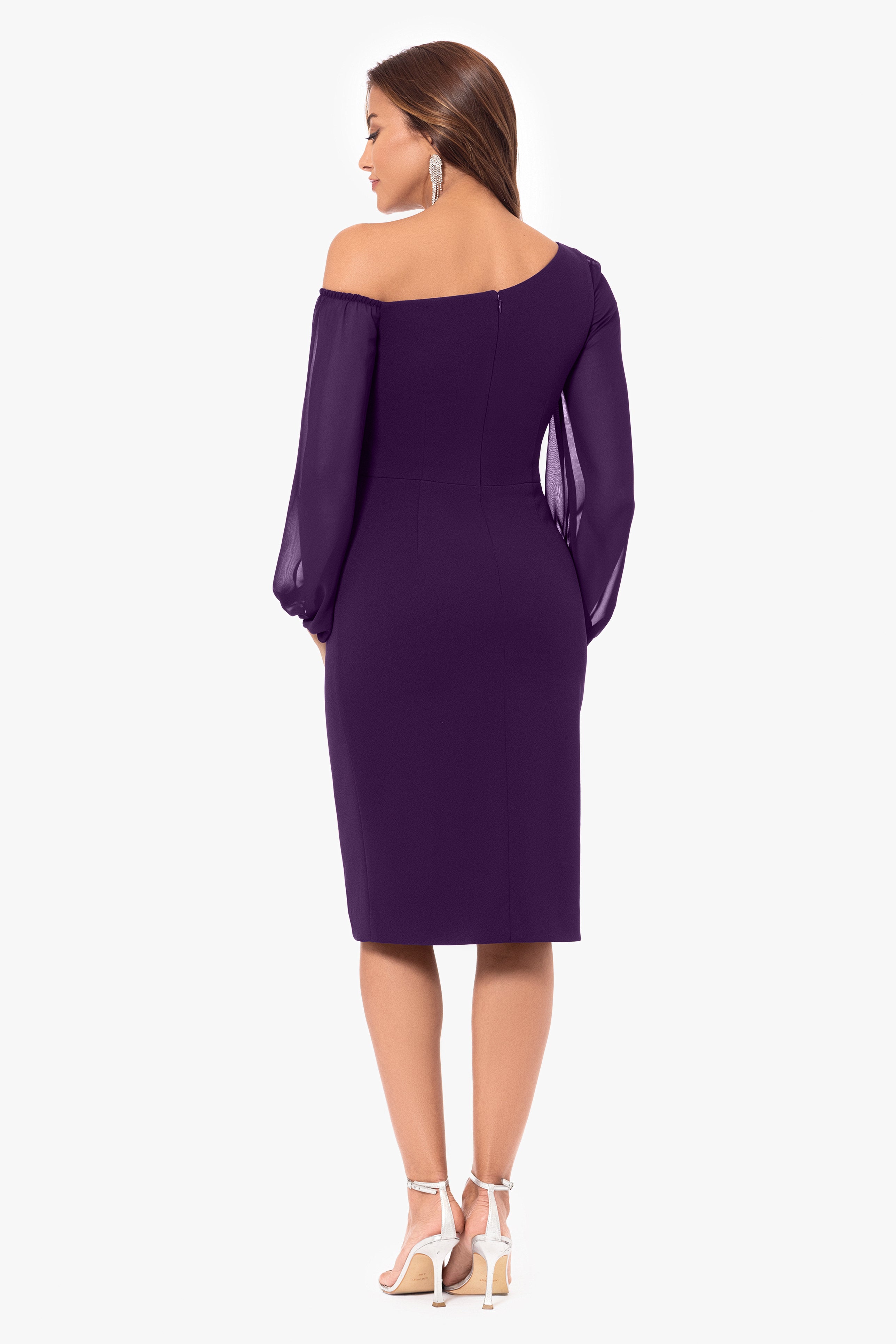 "Alara" Knee Length Off the Shoulder Mesh Long Sleeve Scuba Crepe Dress