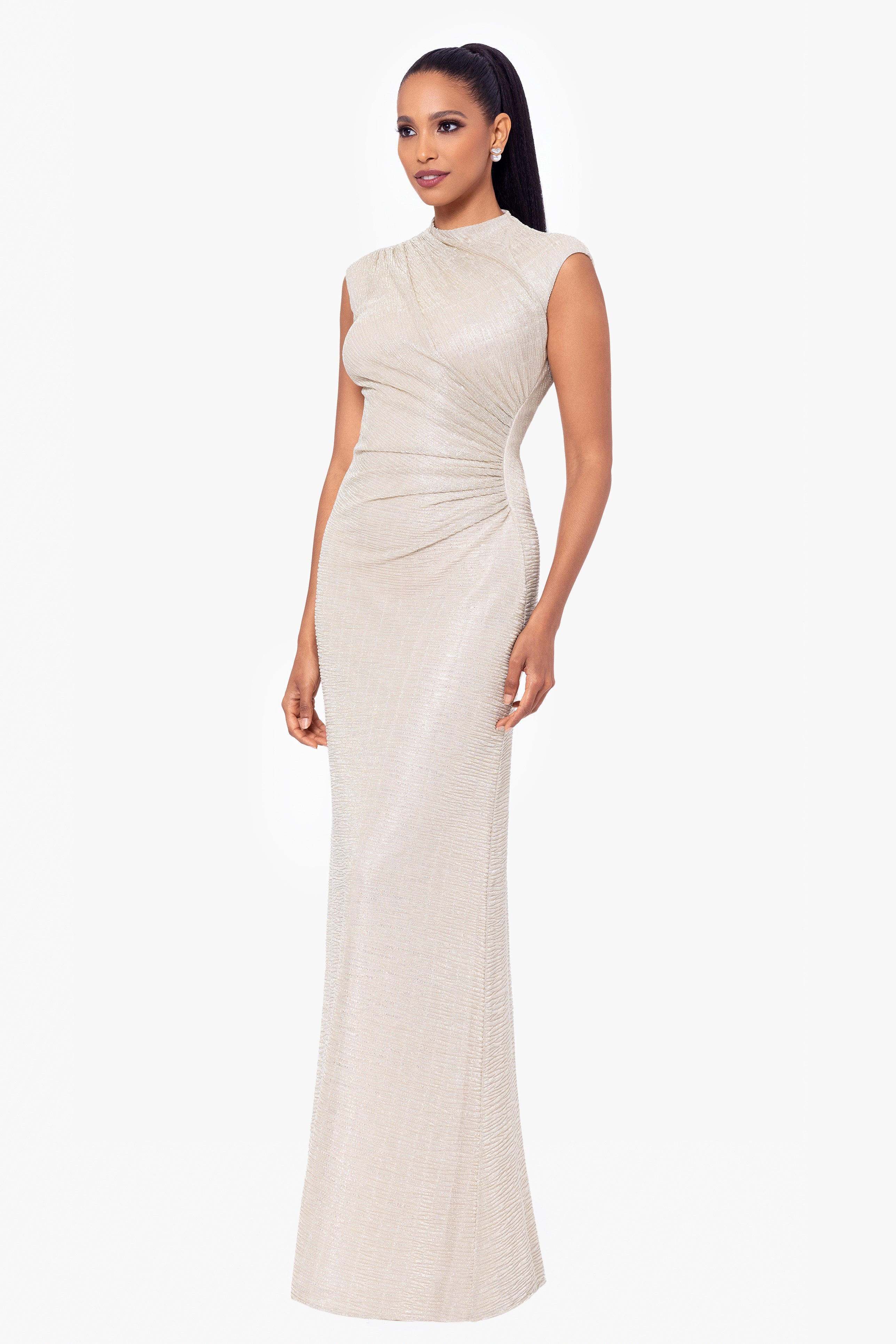 Petite "Bethany" Crinkle Metallic Rouched Floor Length Dress