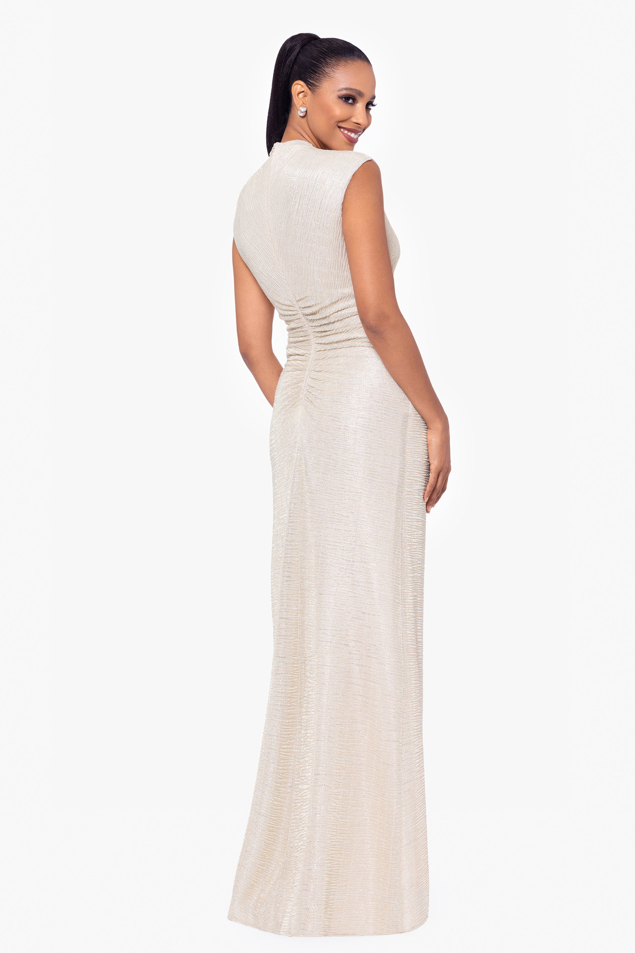 Petite "Bethany" Crinkle Metallic Rouched Floor Length Dress