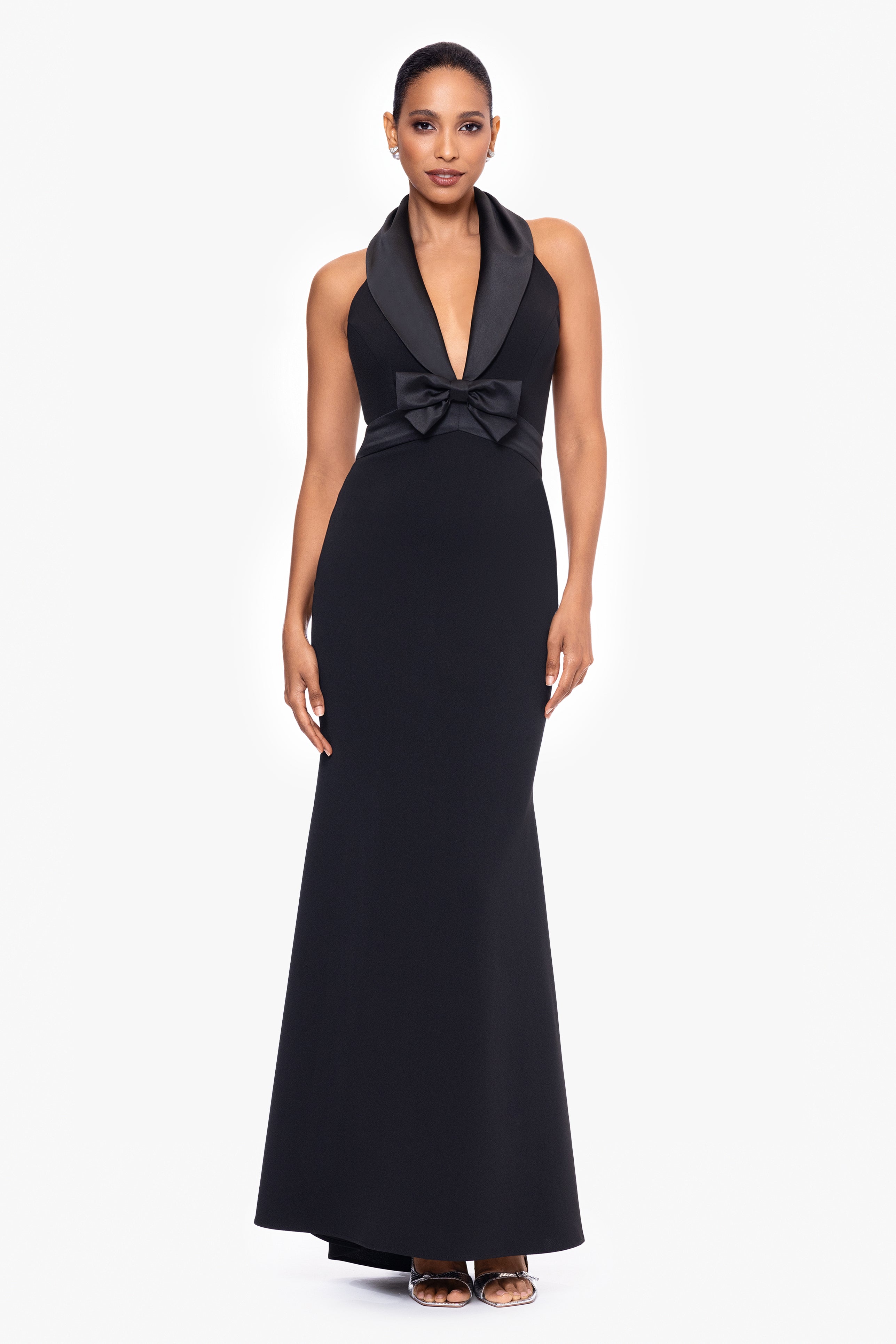 "Felicia" Long Scuba Crepe Halter Neck Satin Bow Dress