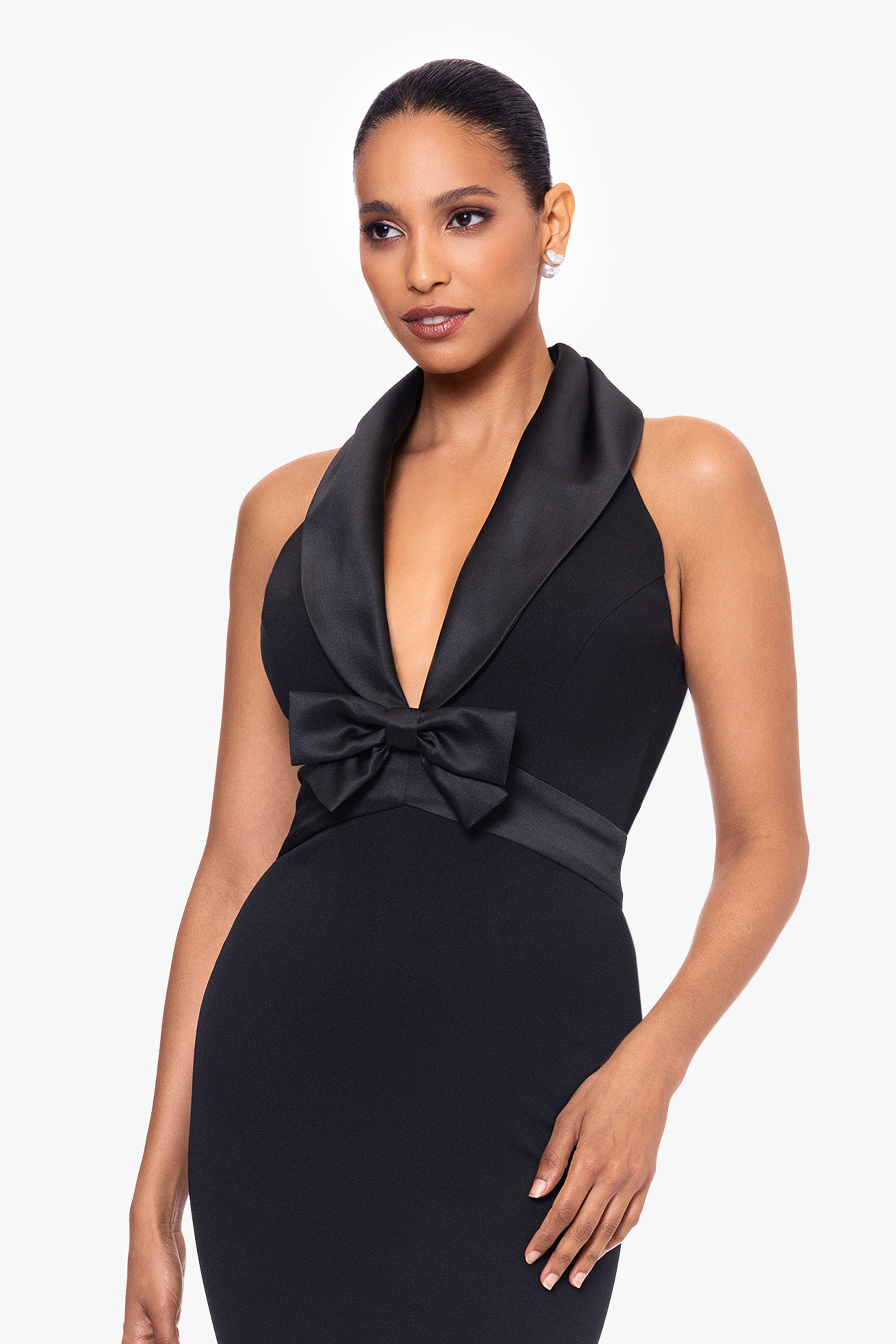 "Felicia" Long Scuba Crepe Halter Neck Satin Bow Dress