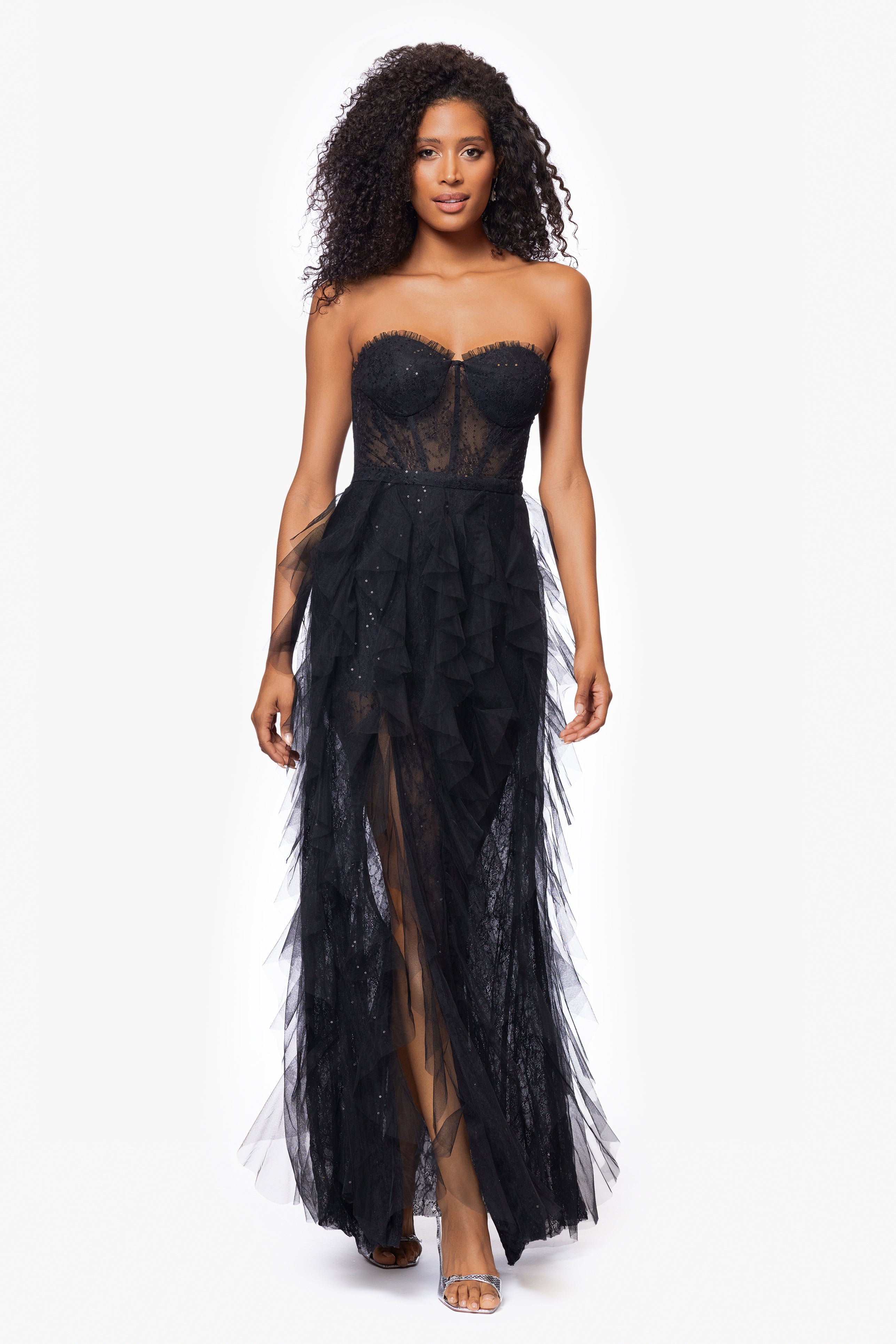 "Angelina" Long Strapless Mesh Floor Length Ruffle Dress