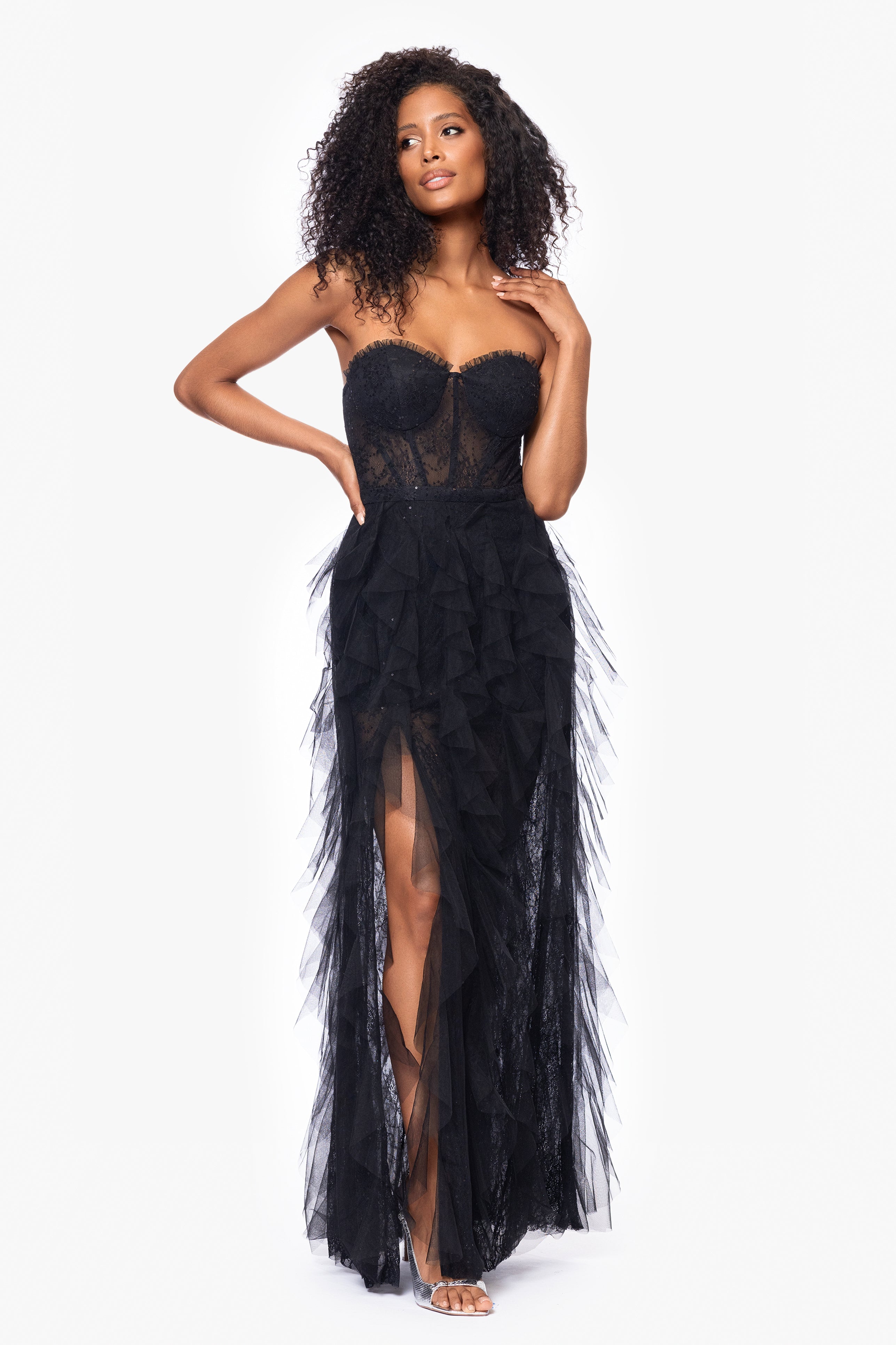 "Angelina" Long Strapless Mesh Floor Length Ruffle Dress