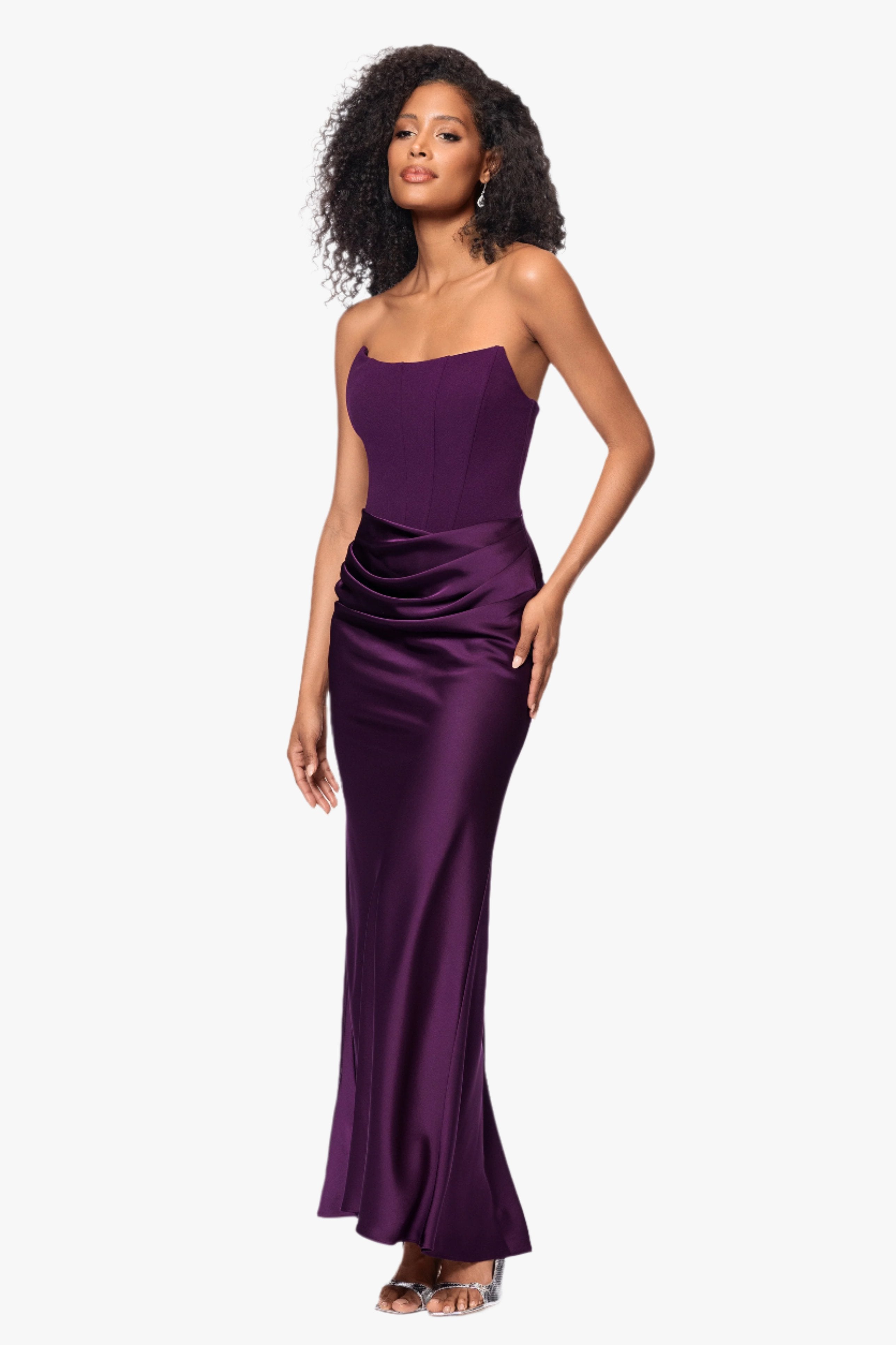 "Debra" Long Strapless Scuba Crepe and Satin Gown