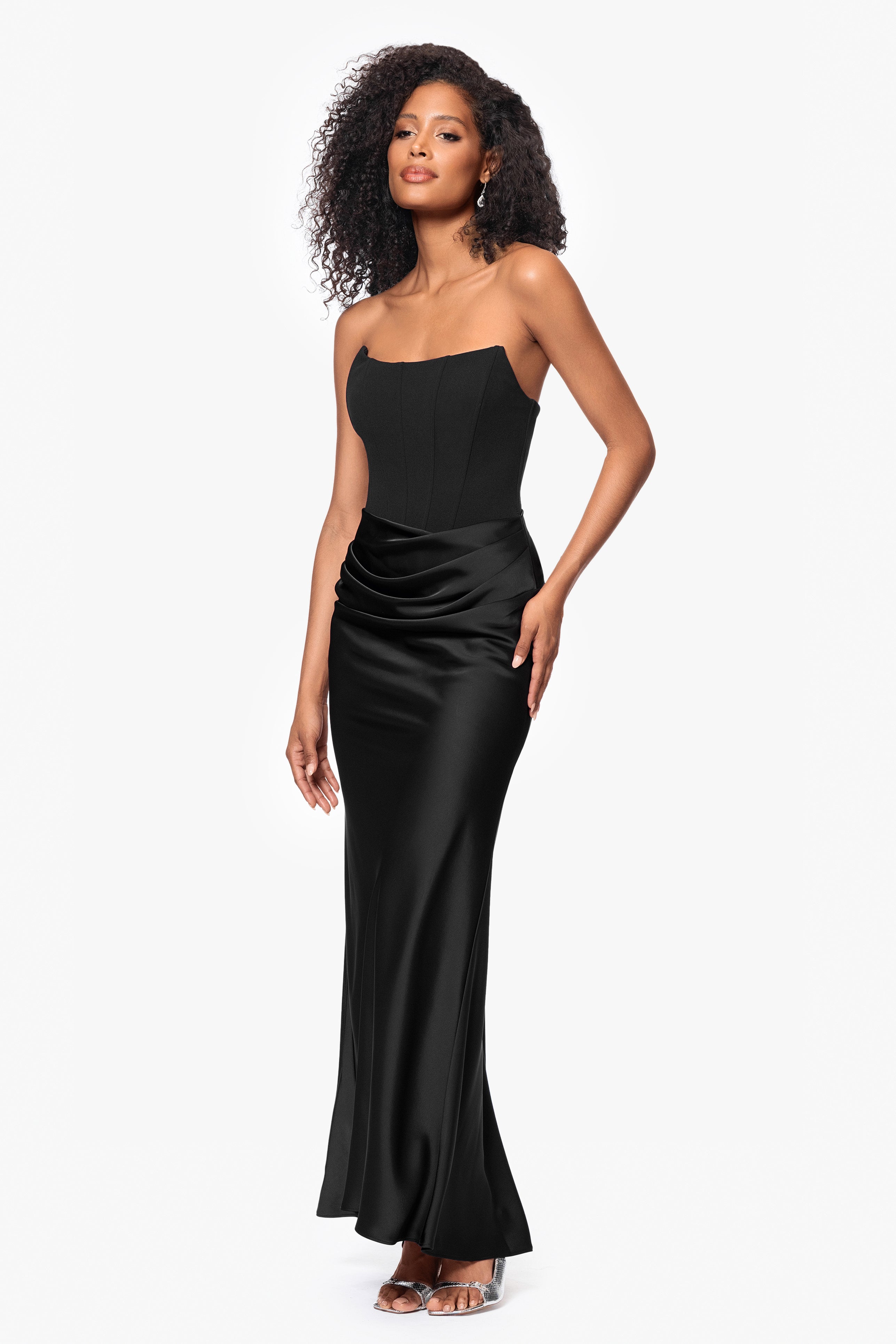 "Debra" Long Strapless Scuba Crepe and Satin Gown