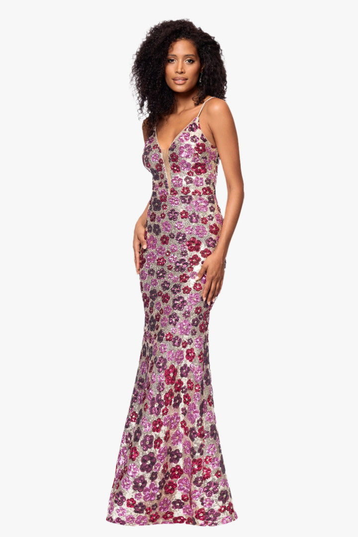 "Rava" Sequin V-Neck Illusion Mesh Insert Floor Length Dress