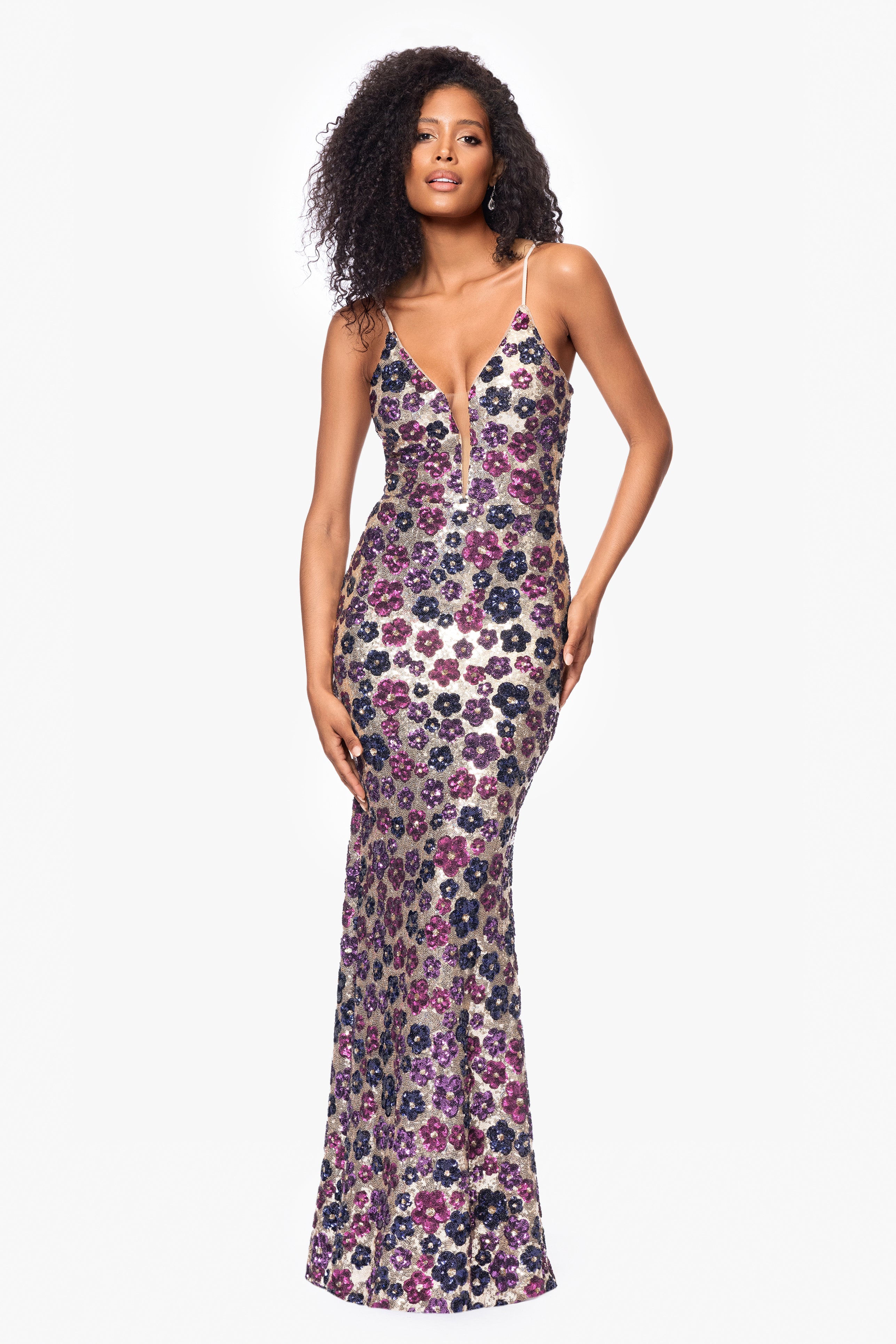 "Rava" Sequin V-Neck Illusion Mesh Insert Floor Length Dress