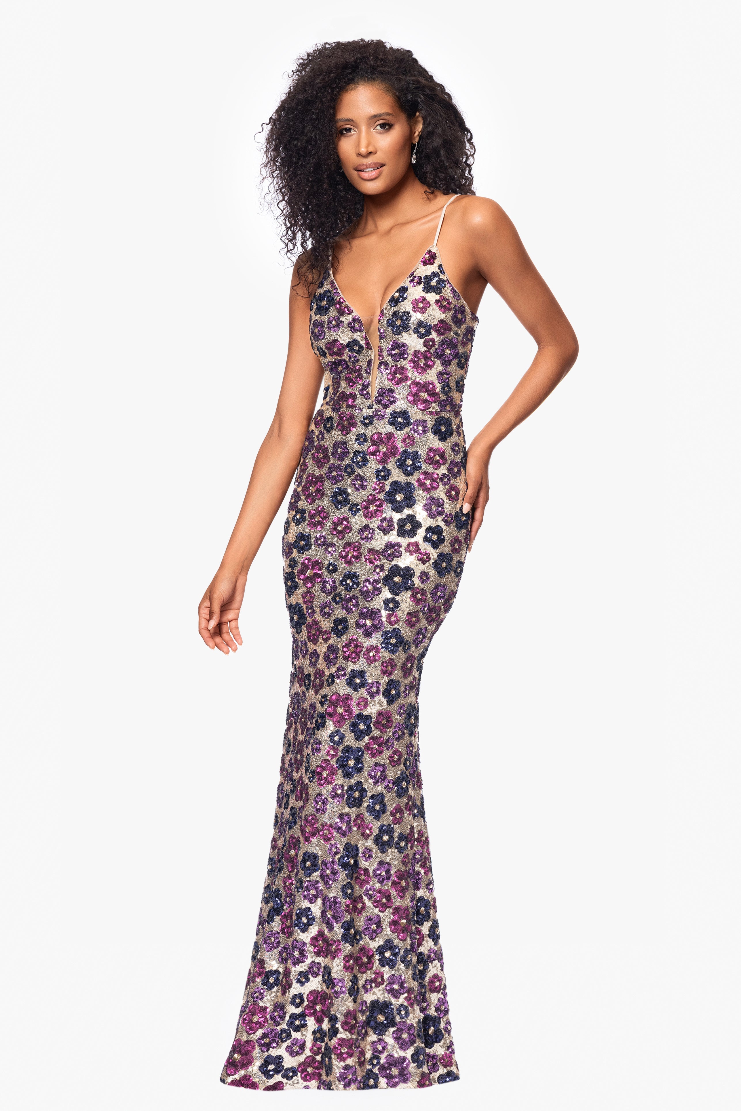 "Rava" Sequin V-Neck Illusion Mesh Insert Floor Length Dress