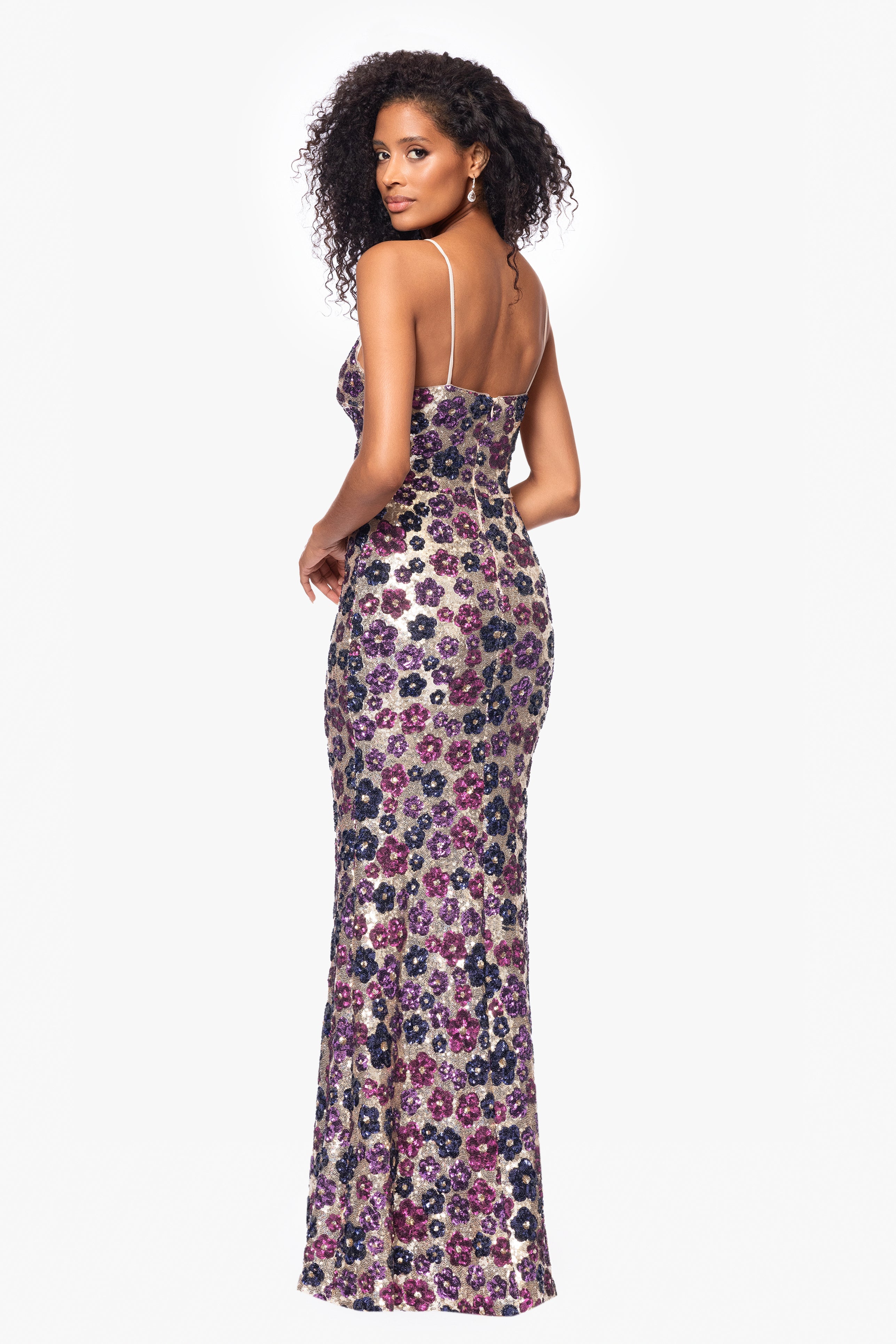 "Rava" Sequin V-Neck Illusion Mesh Insert Floor Length Dress