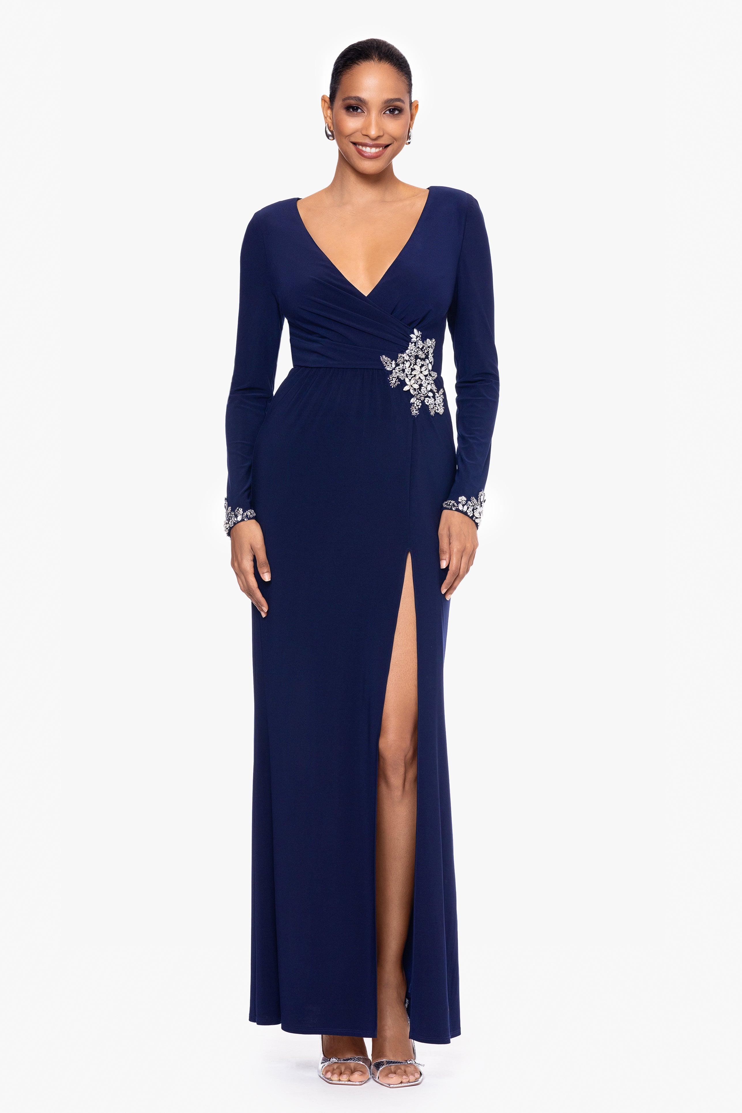 "Gerri" Long Jersey Knit Long Sleeve Embellished Dress