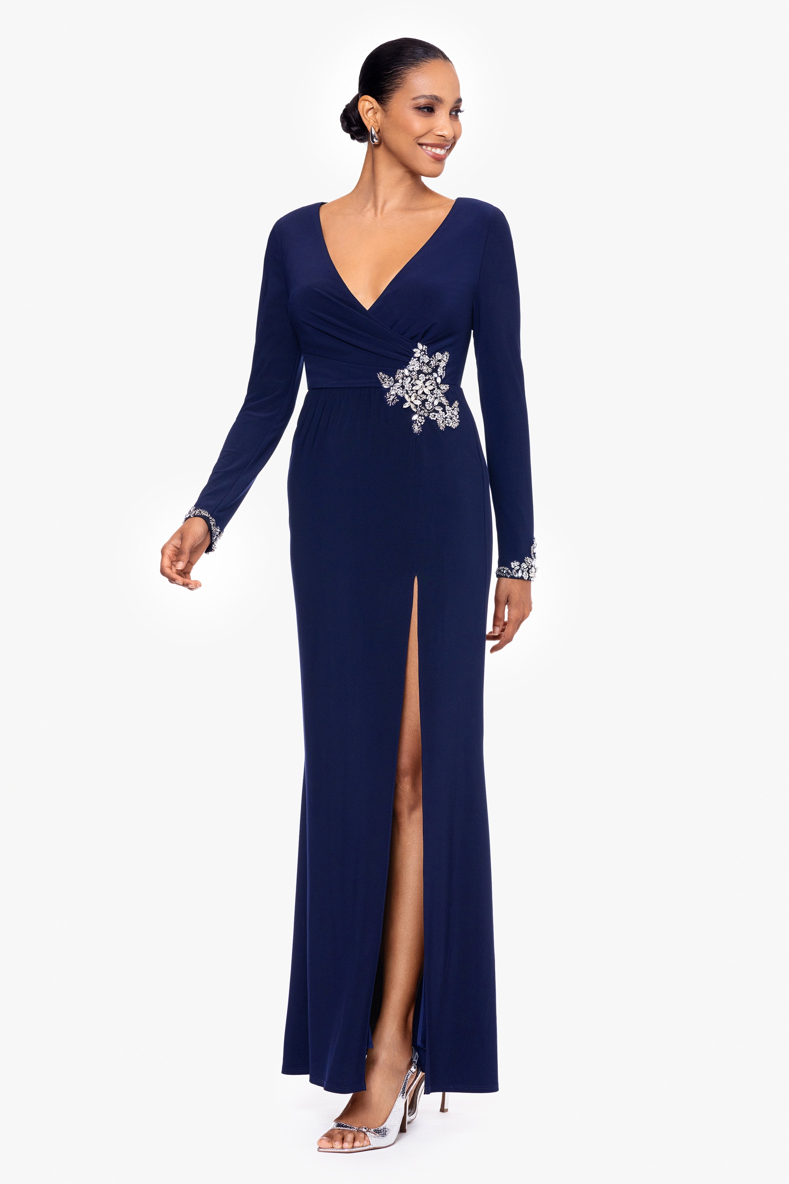 "Gerri" Long Jersey Knit Long Sleeve Embellished Dress