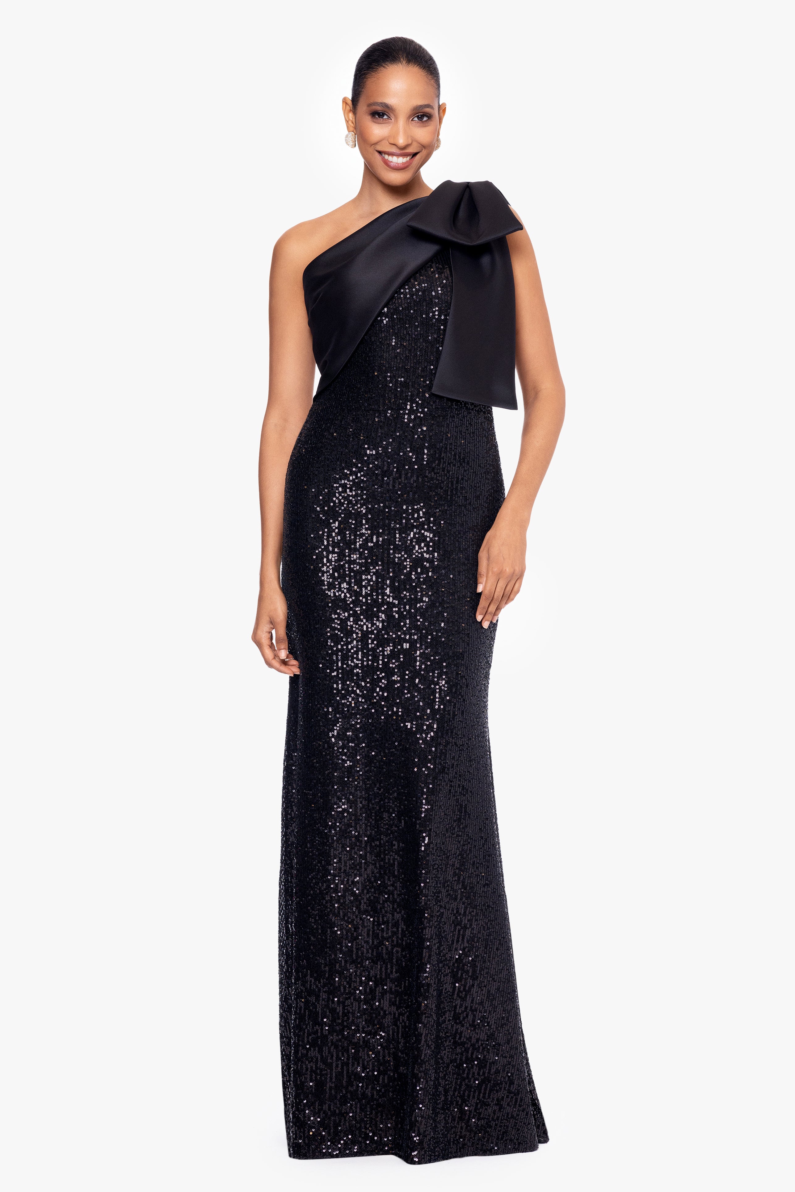 "Christy" Long Sequin Crepe Dress with Satin Bow