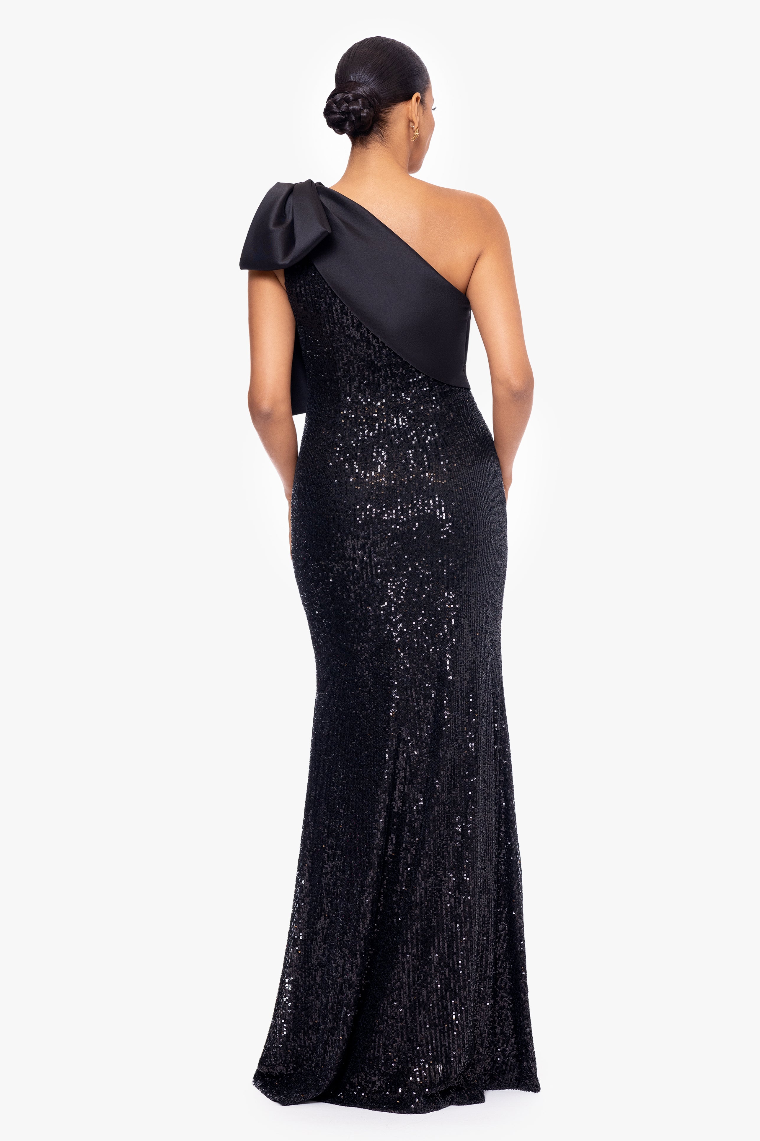 "Christy" Long Sequin Crepe Dress with Satin Bow