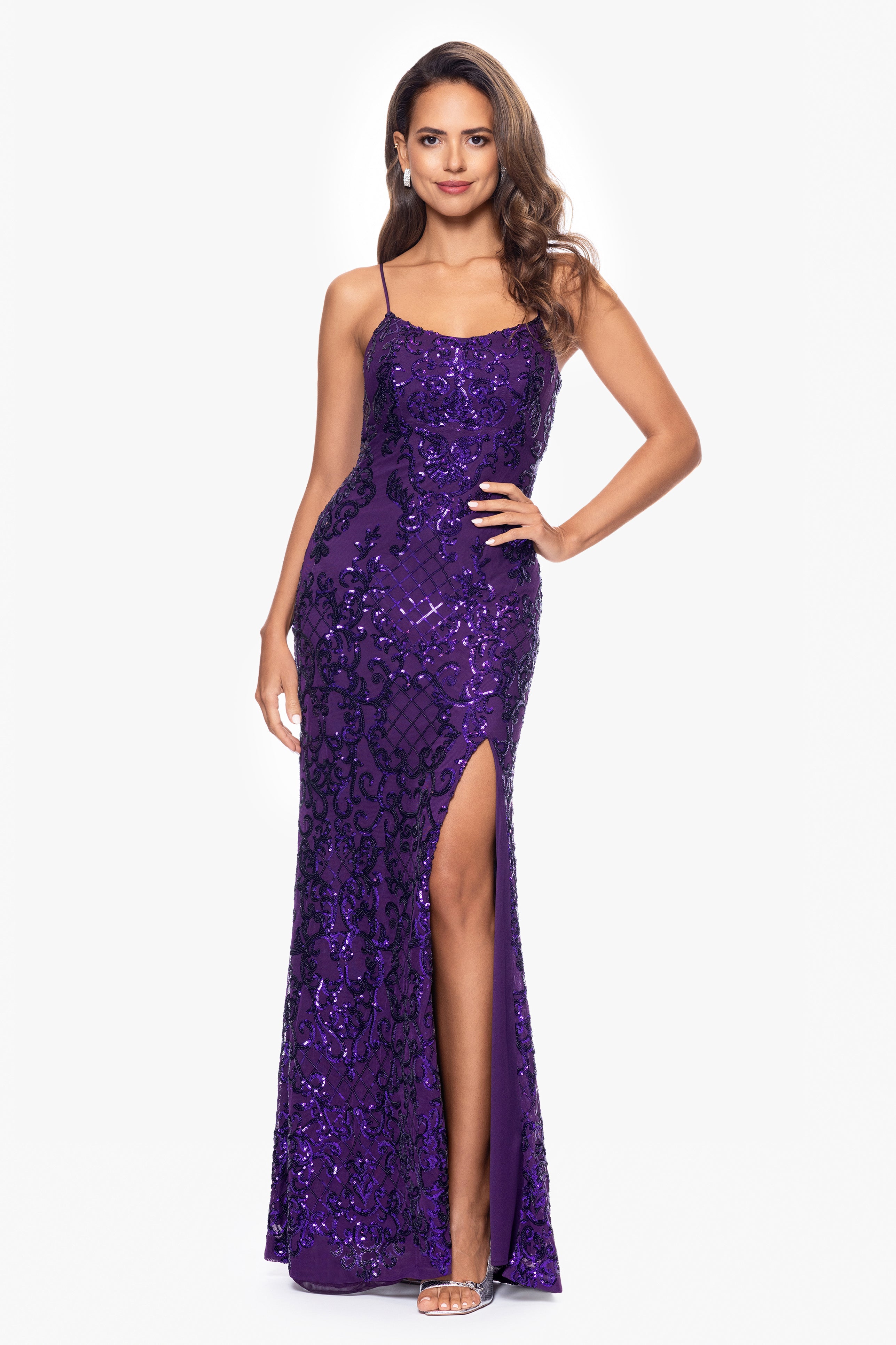 "Eve" Long Sequin Placement Lace Up Back Dress