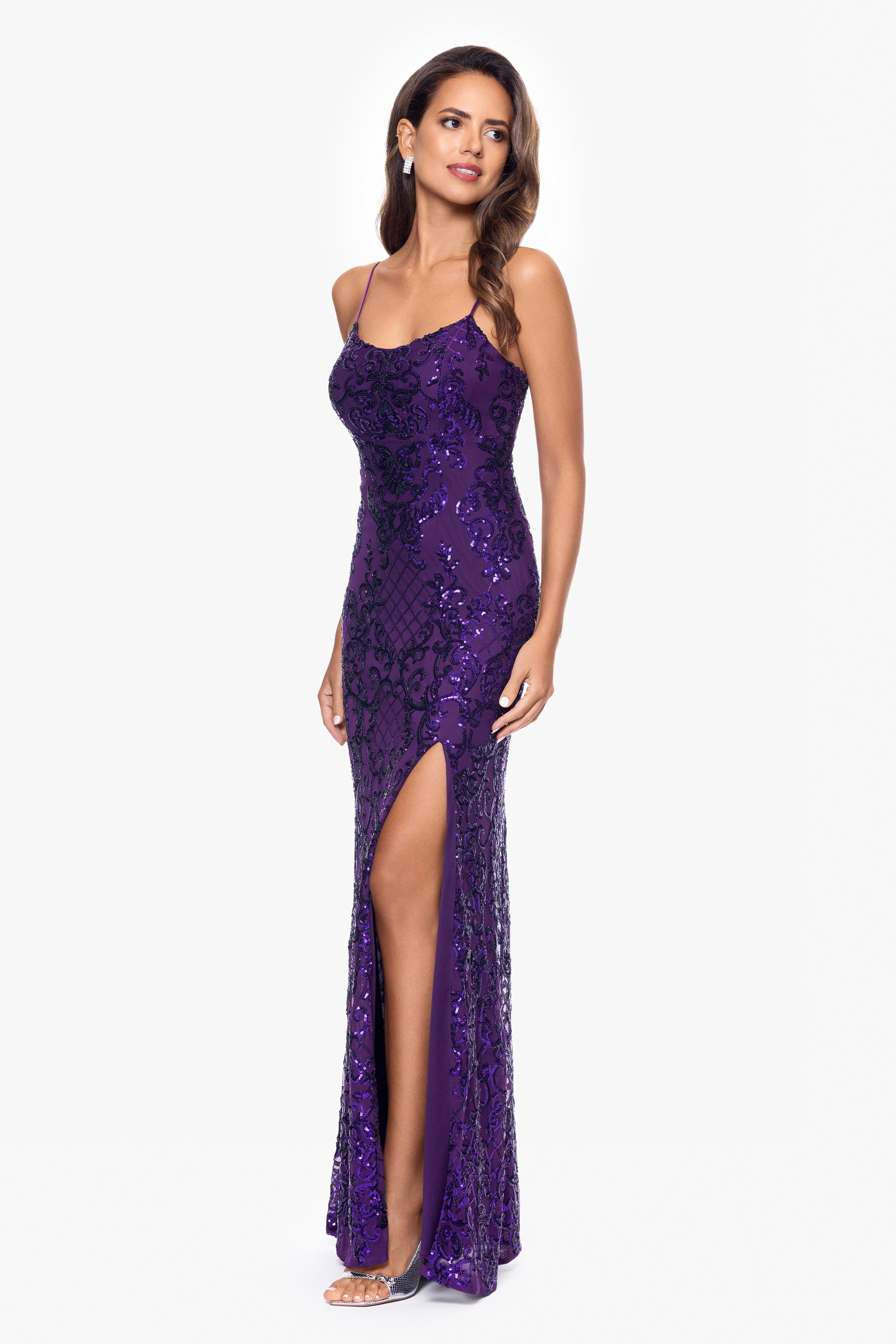 "Eve" Long Sequin Placement Lace Up Back Dress