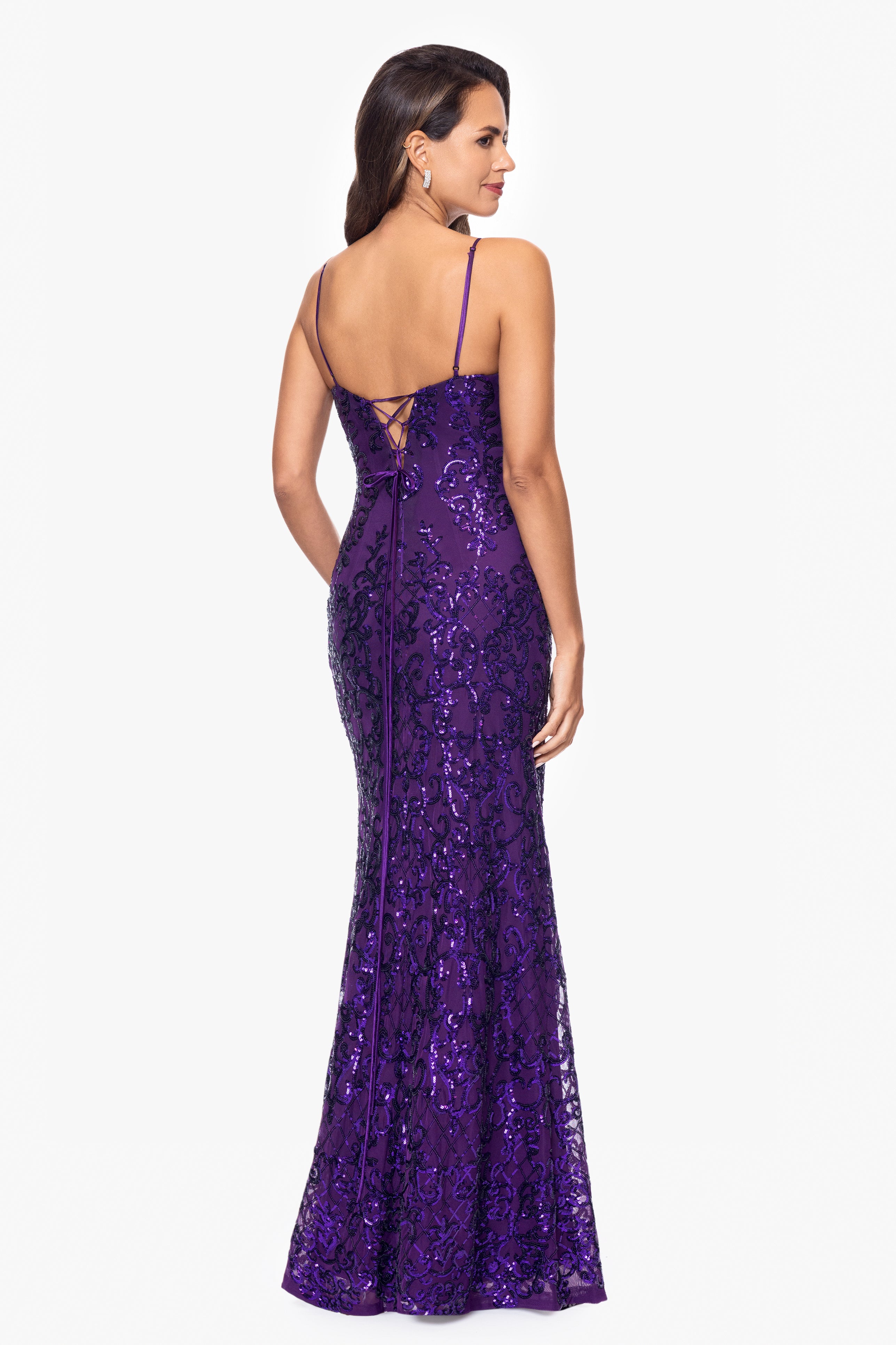 "Eve" Long Sequin Placement Lace Up Back Dress