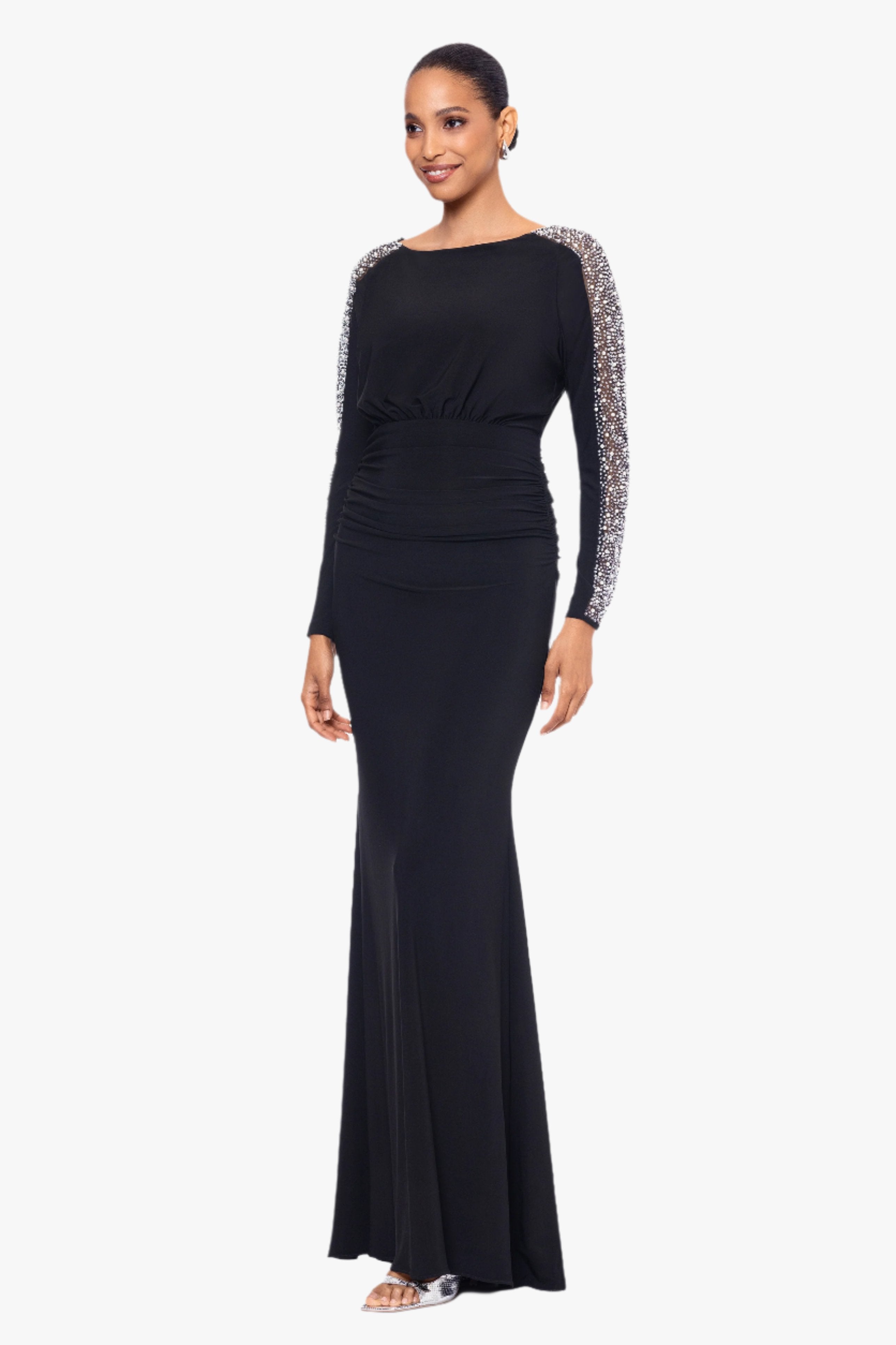 "Ria" Jersey Knit Beaded Long Sleeve Floor Length Dress