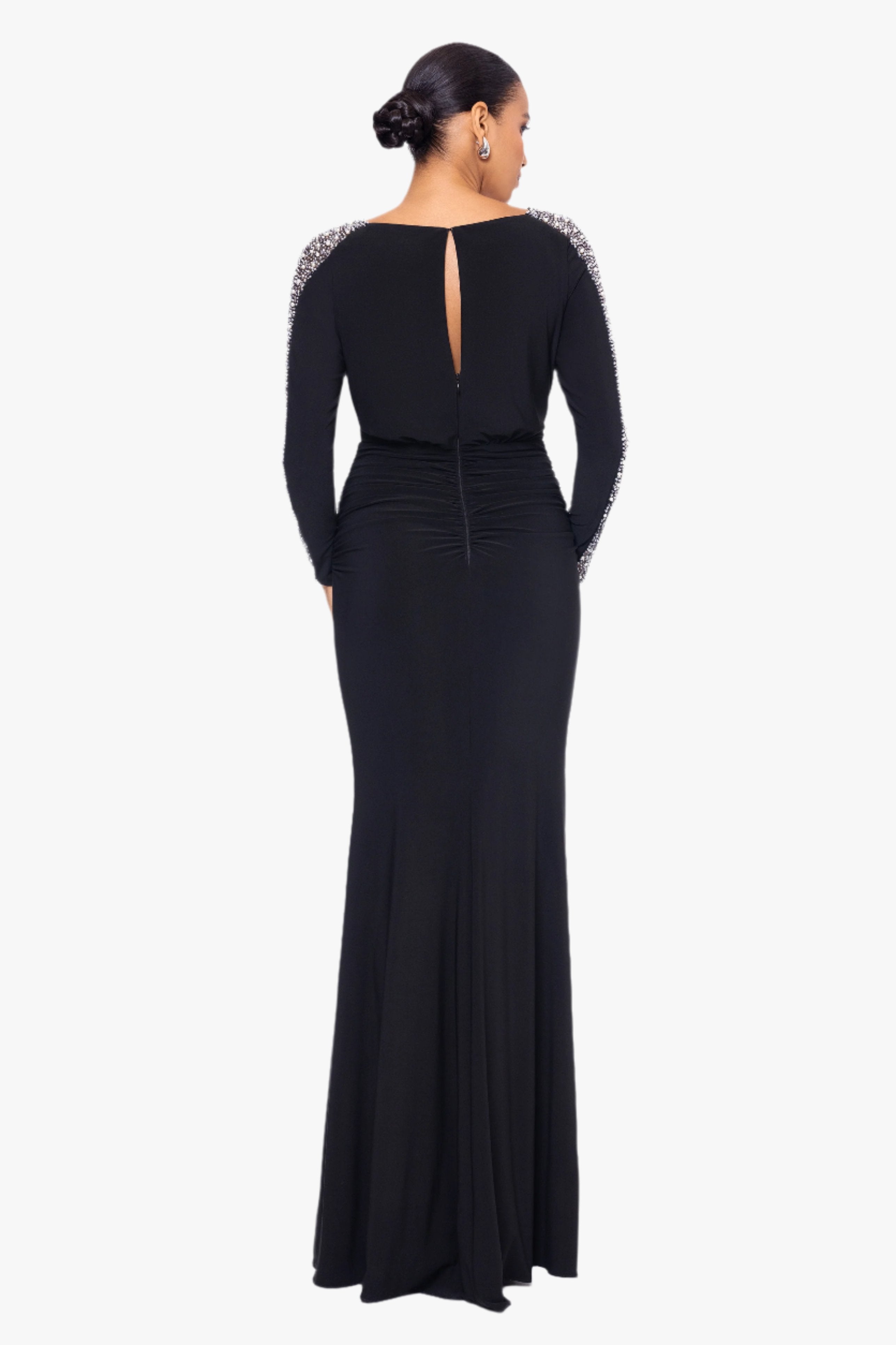 "Ria" Jersey Knit Beaded Long Sleeve Floor Length Dress